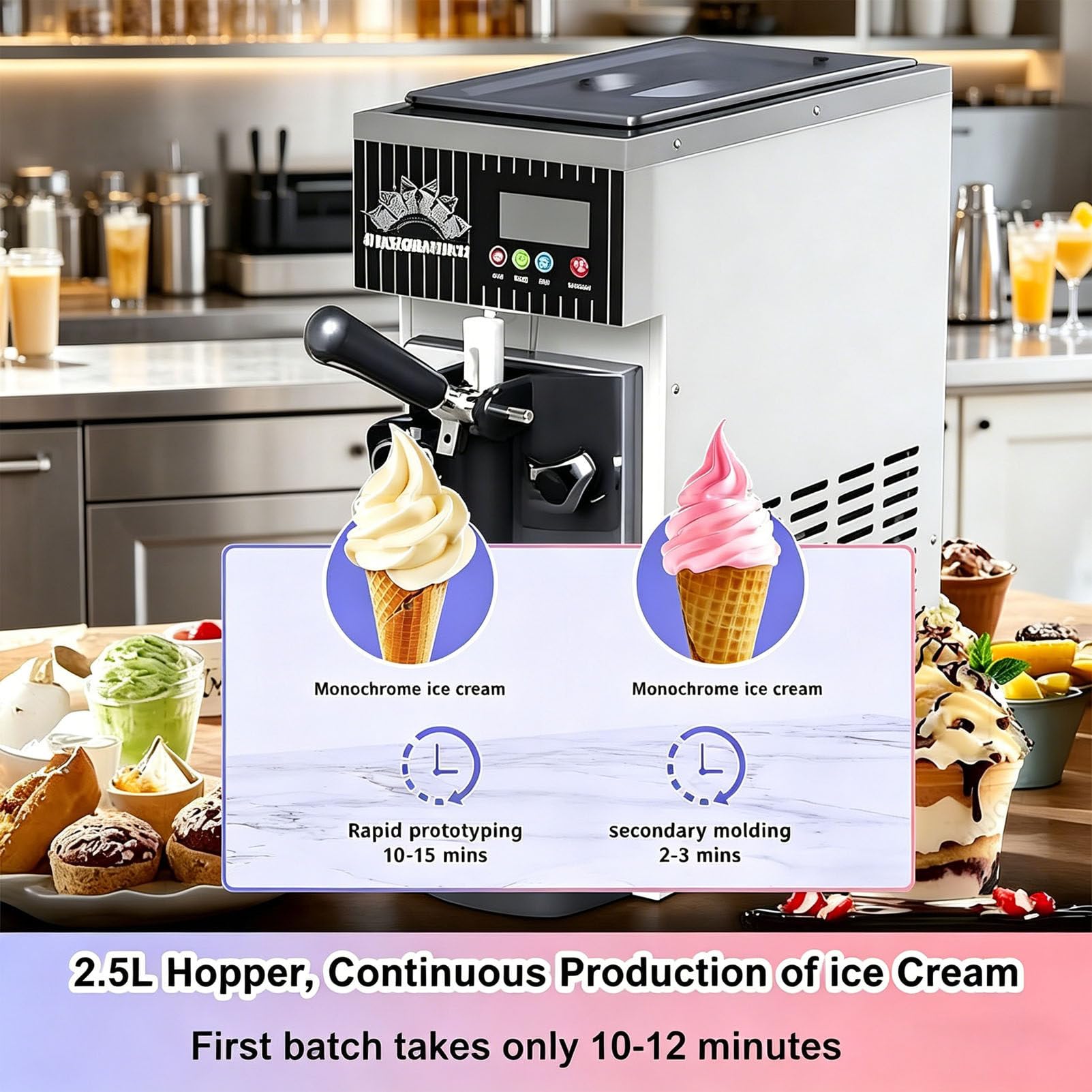 Machine à Glace à l'italienne Professionnelle, Machine à Glace Artisanale, Production de Glace à l'italienne 4-5 kg/h, écran LCD, idéale pour yaourts glacés, cafés CreamWhite