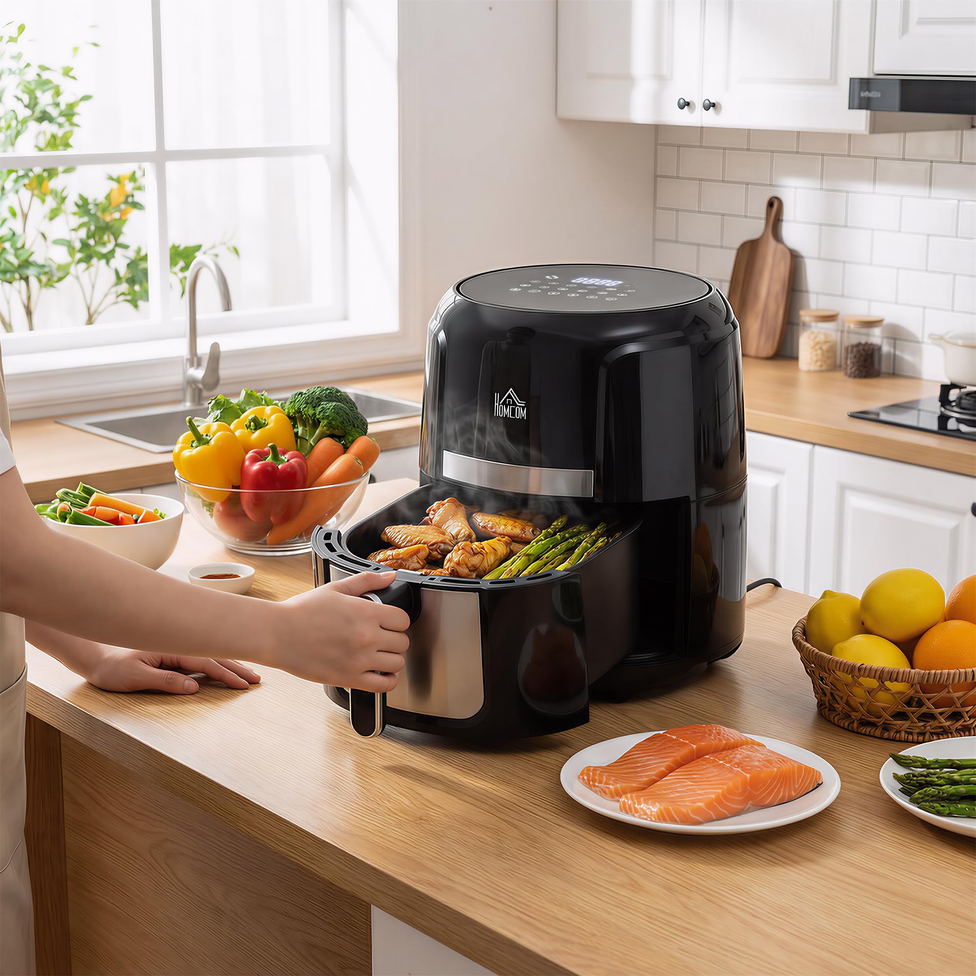 HOMCOM Frytkownica na gorące powietrze, 4 l, 1300 W, 12 programów, timer 60 min, kosz z powłoką zapobiegającą przywieraniu, zabezpieczenie przed przegrzaniem, wyświetlacz LED Touch, frytkownica bez