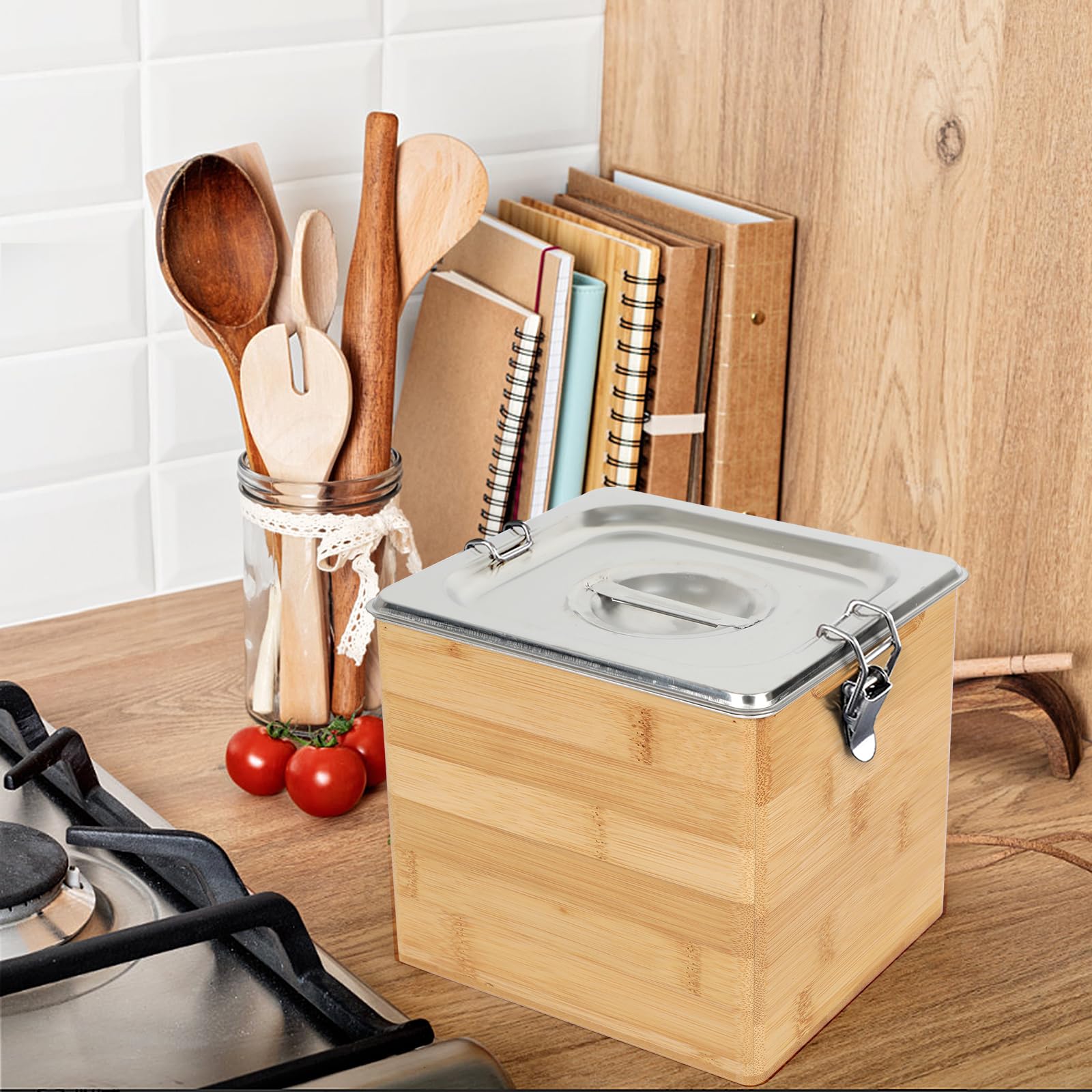 Cubo de compost para cocina, acero inoxidable, cubo de basura orgánica con tapa y caja de madera, a prueba de olores, apto para lavavajillas, contenedor de residuos biológicos para cocina, cubo de