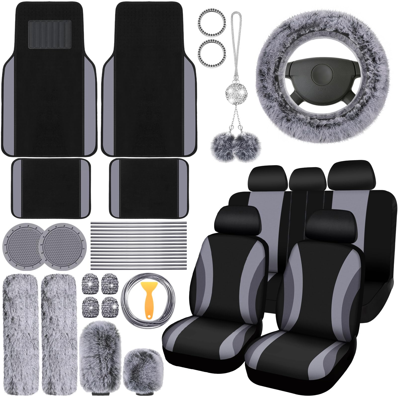 47 Pcs Car Seat Cover Full Set Car Accessories for Car Front Rear Seat Cover Fluffy Steering Wheel Cover Seat Belt Automotive Floor Mats Car Air Conditioner Decoration Strip (Gray)