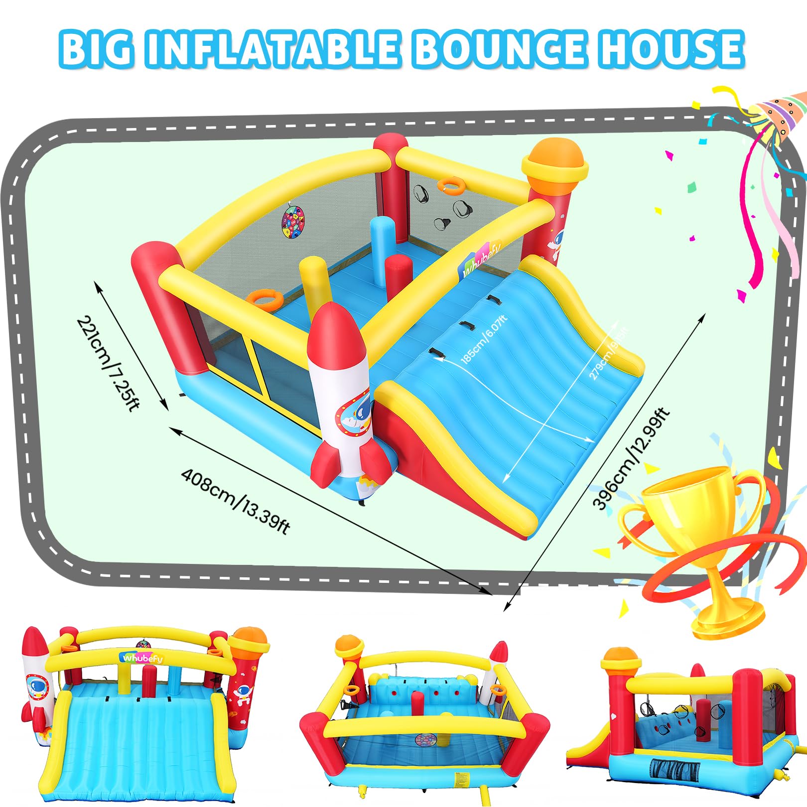 AKEYDIY Grand château Gonflable pour Enfants de 3 à 12 Ans, Grand Toboggan et Grand Trampoline avec souffleur, Maison Gonflable pour garçons, extérieur/intérieur, Cadeau d'anniversaire