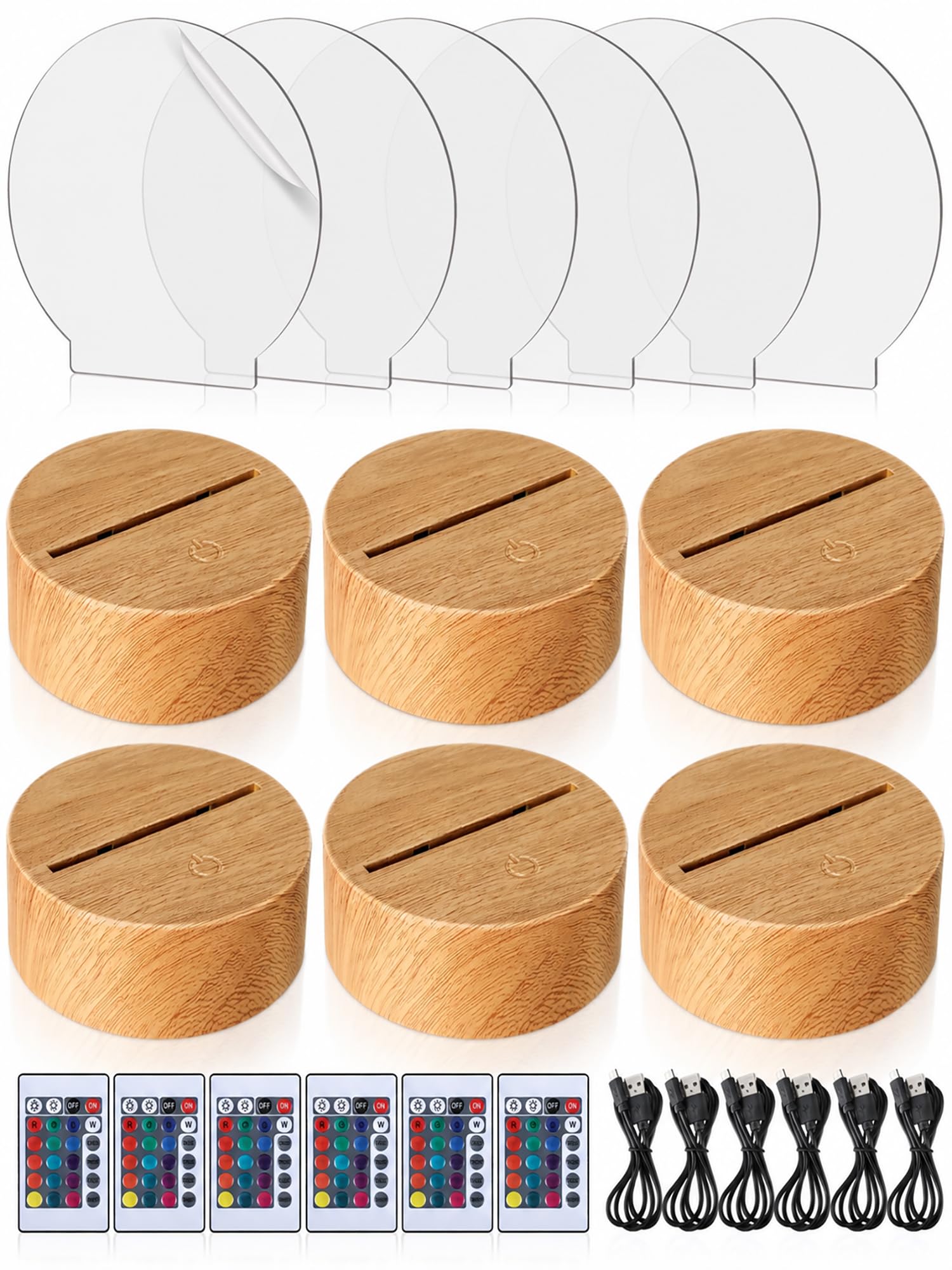 Baquler 6 Pcs Clear Acrylic Blank Sheets 6 Pcs 3D Night LED Light Lamp Base with Remote Control USB Cable 16 Color 4 Mode Wood Color DIY Lamp Base Set for Room Bar Decoration (Round)