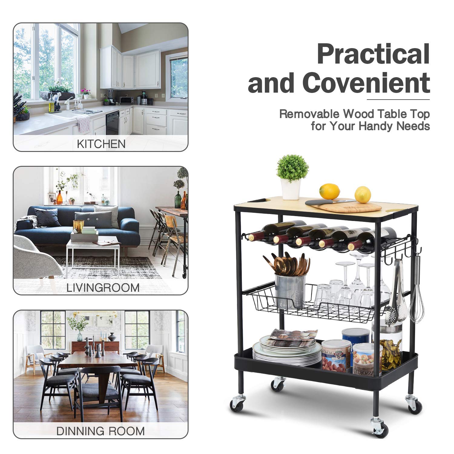 KINGRACK Kitchen Island Storage Trolley with Wine Rack,Serving Trolleys with Utility Wood