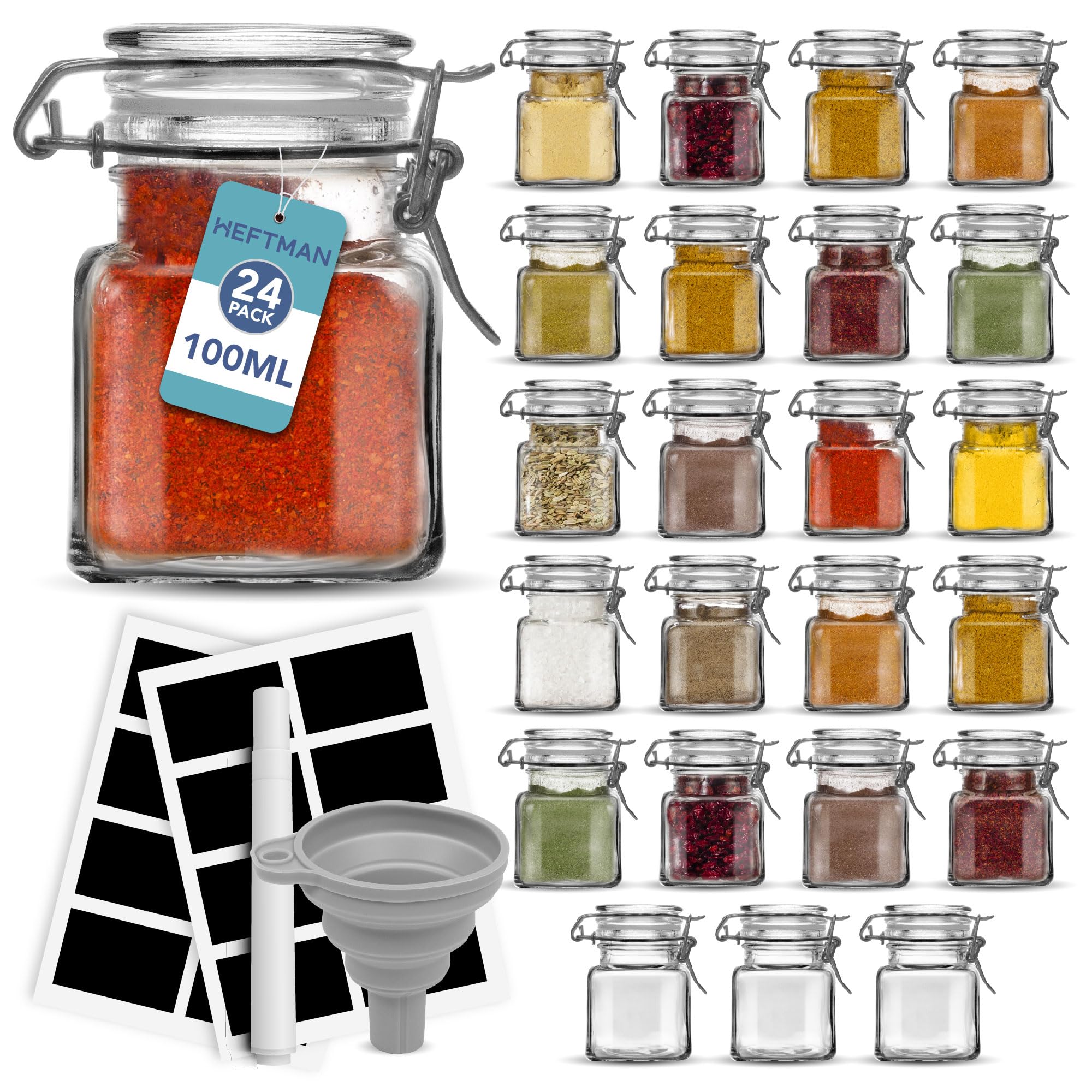 Clip Top Glass Jars - 24 x 100ml Spice Jars with Lids and Labels Airtight Seal Small Glass Jars with Lids & Funnel Perfect for Herbs, Spices, Oils, Décor, Mini Jam Jars for Spice Rack