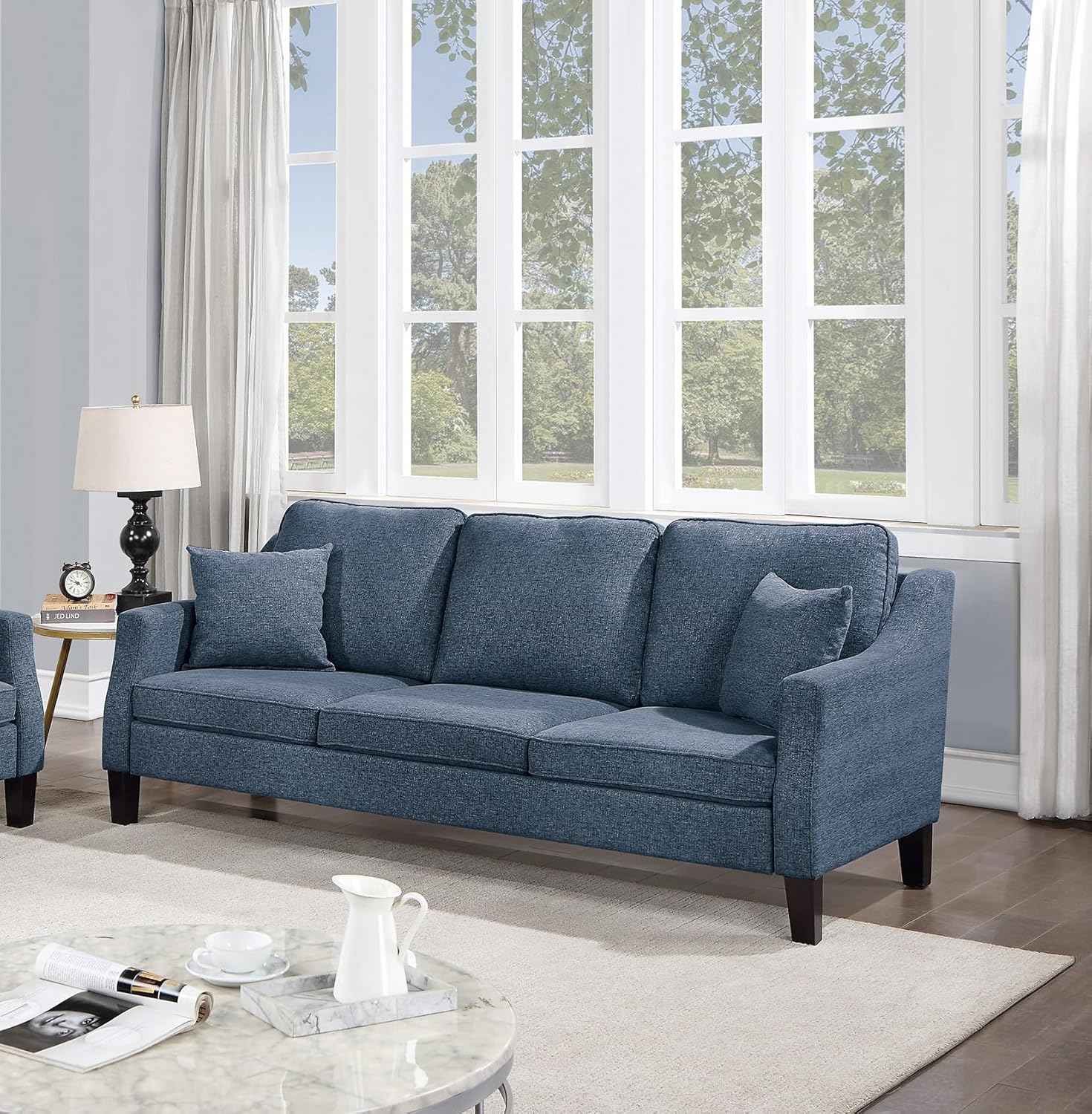 GOWE 2pc Sofa Set Sofa and Loveseat Living Room Furniture Navy Blended Chenille Cushion Couch w Pillows