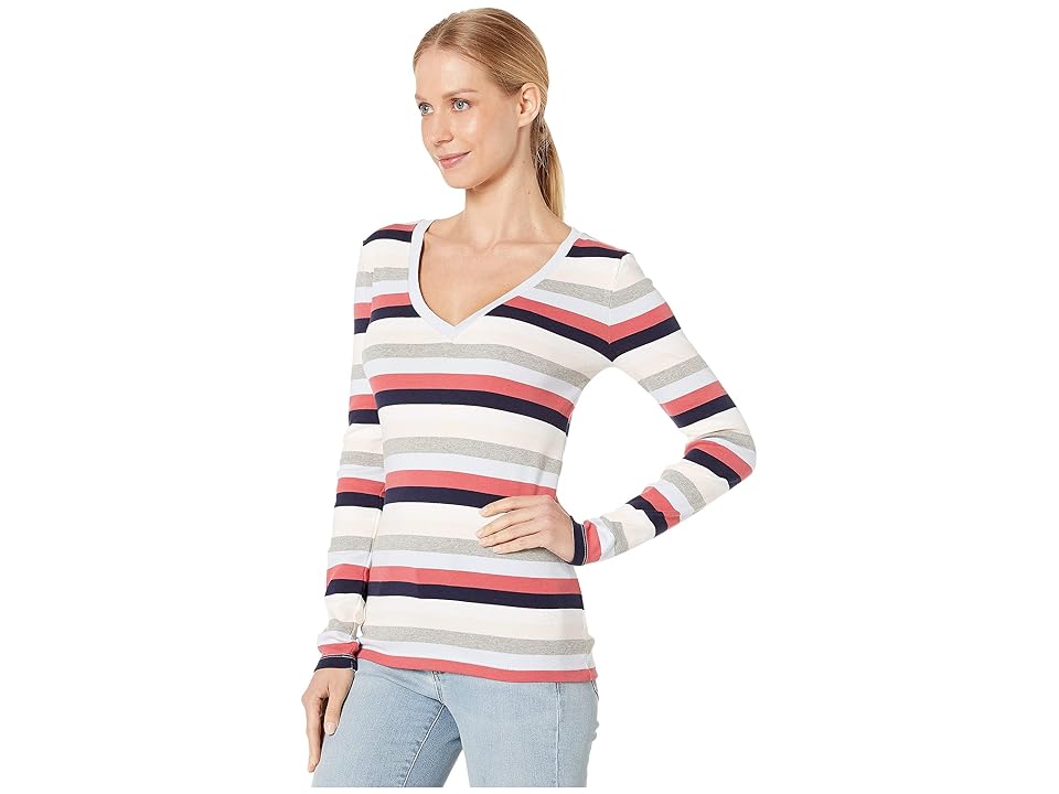 

J.Crew 1X1 Rib Stripe V-Neck Long Sleeve Tee (Pink Havana Stripe) Women's Clothing, Multi