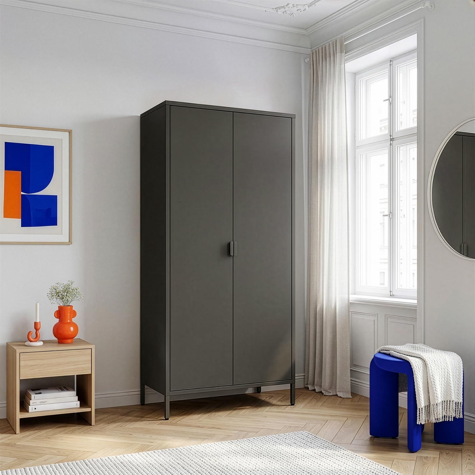 [en.casa] Armadio Guardaroba a 2 Ante e 2 Barre Aste Appendiabiti Armadio in Acciaio con Vano Portabiti e 4 Ripiani Regolabili per Camera da Letto Ingresso 170 x 80 x 45 cm - Nero
