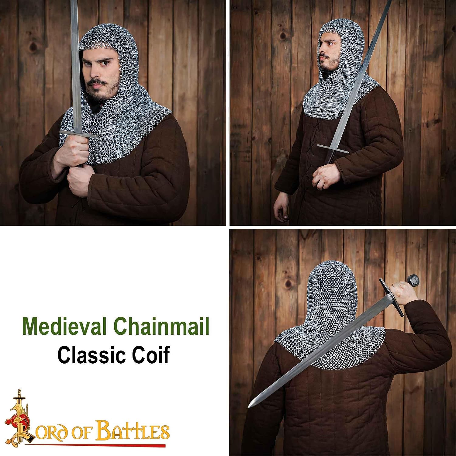 Lord of Battles Medieval Chainmail Coif Hood - Chain Mail Head Armor for LARP, Reenactment & Costume