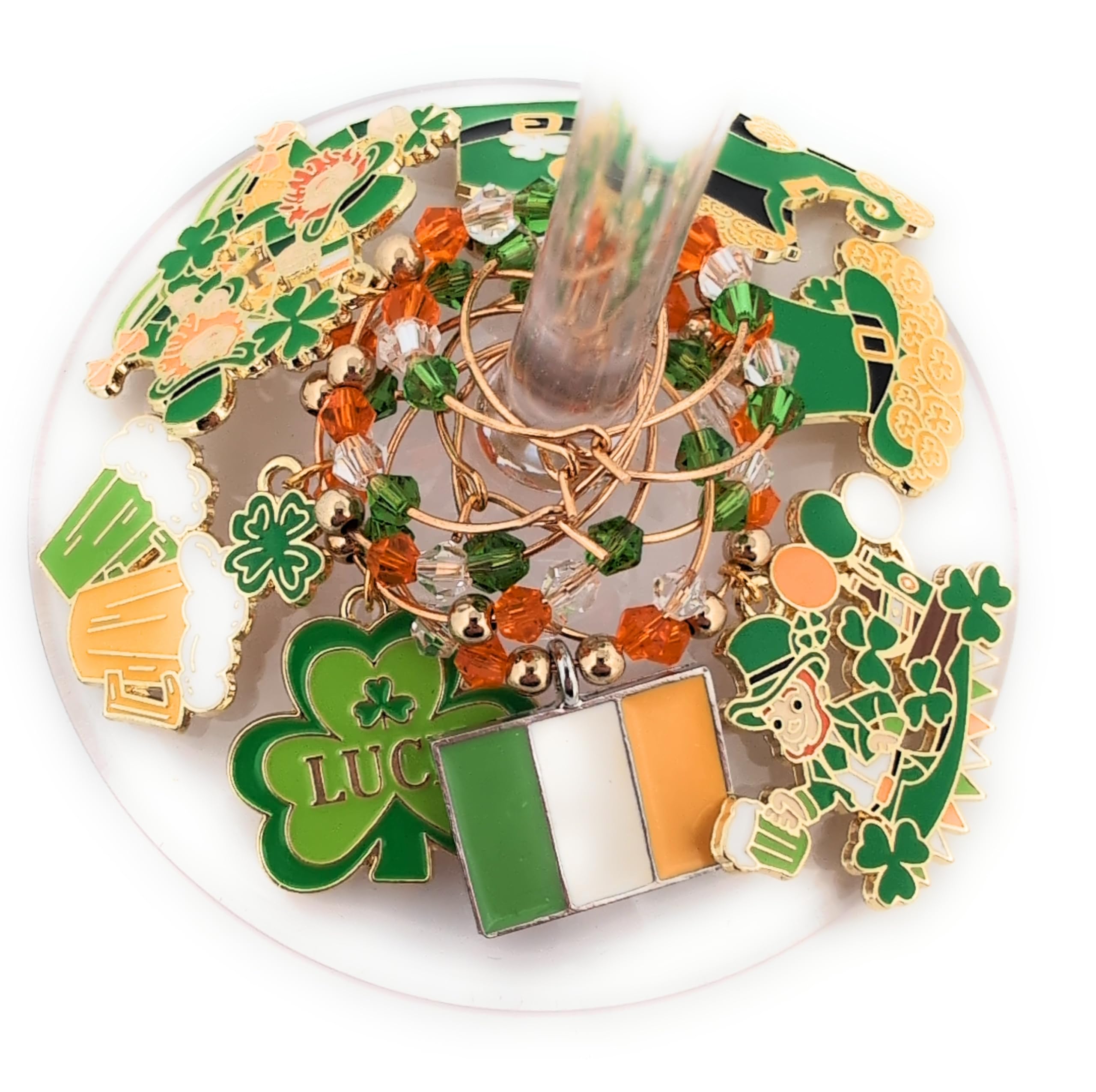 St. Patrick's Day Wine Charms, Irish Wine Charms, Gifts, Shamrock and Leprechaun Glass Tag Identifier, Celtic Gifts, Irish Party Supplies and Party