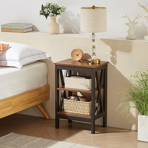 Miniatura 11 de VECELO Mesitas de noche modernas X-Design Mesa auxiliar con estante de almacenamiento para dormitorio, sala de estar, Marrón