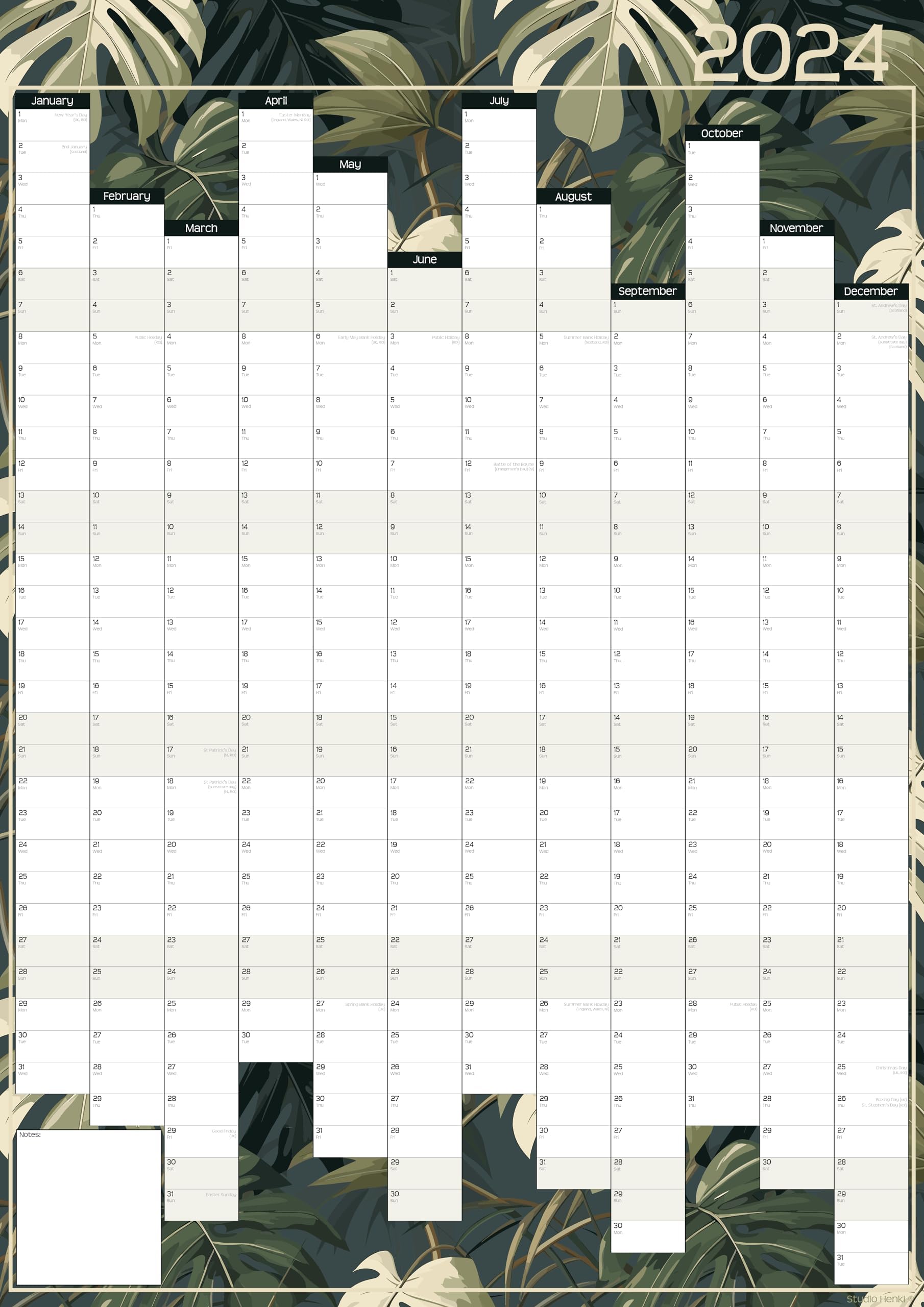 Studio Henki 2024 Wall Planner. A2 Vertical Year Planner - Palm House