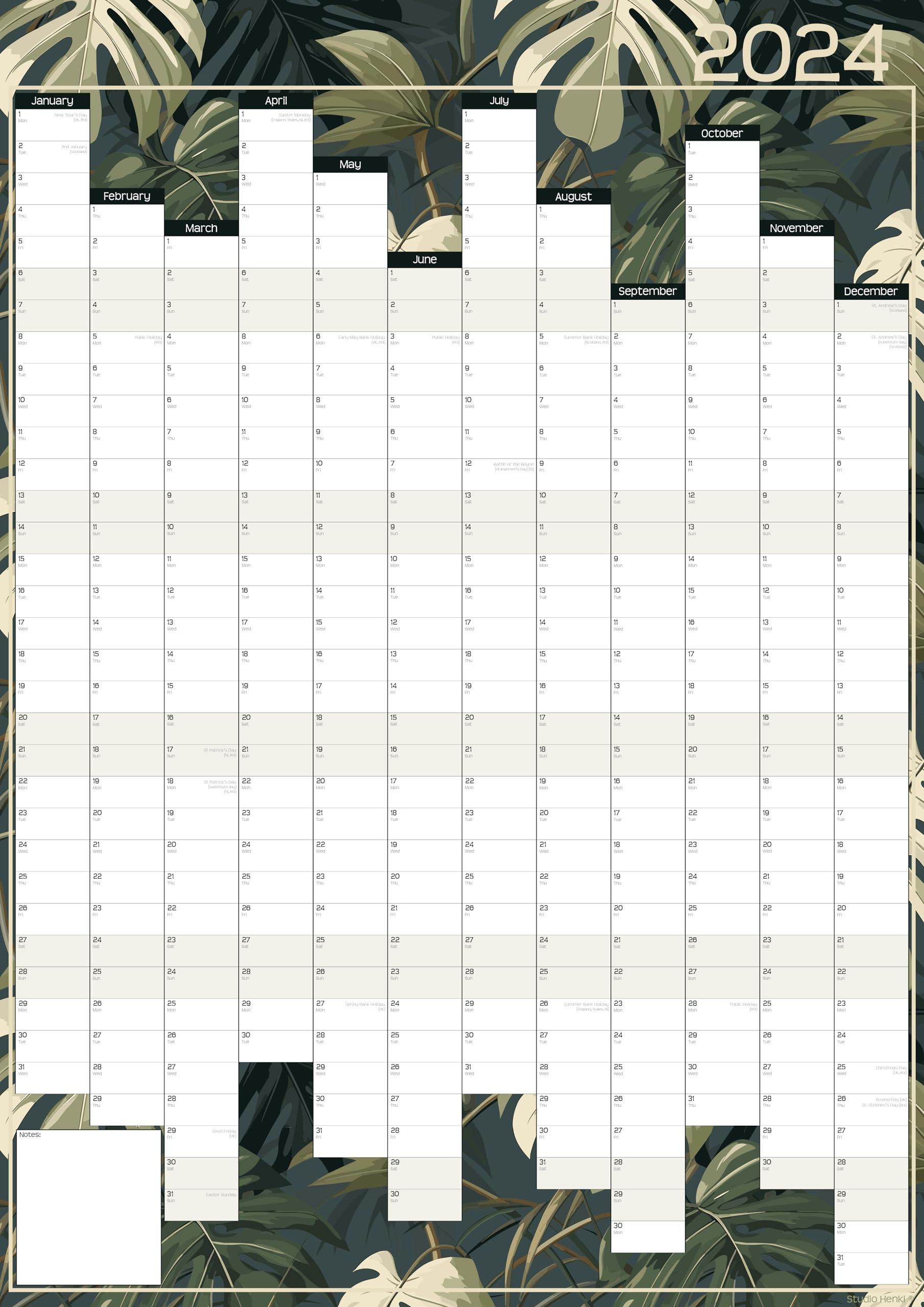 Studio Henki 2024 Wall Planner. A2 Vertical Year Planner - Palm House