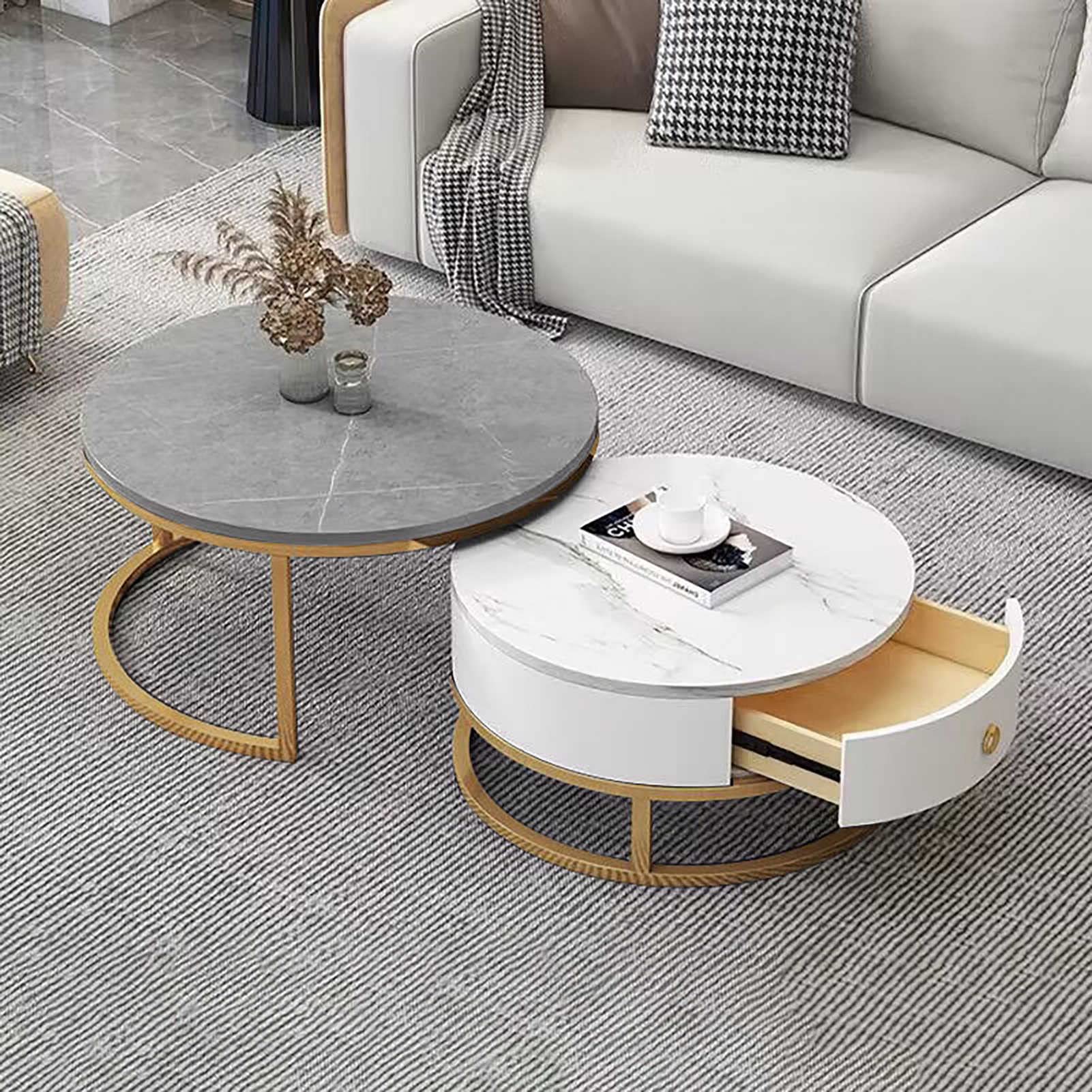 Klydbmyt Modern Nesting Coffee Table Set Of 2 With Drawer Storage Slate Marble Texture And Metal Frame Living Room Furniture Decor And Multipurpose Use