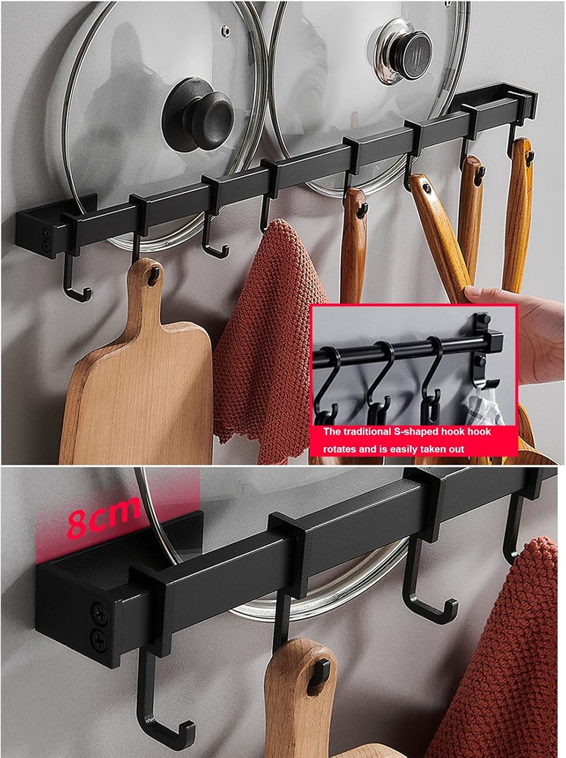 Laundry Rack, Hooks Wall Mounted,Hanging Rail Rack for Kitchen Utensil Gadget Bathroom Holder Tool Aluminum Alloy, Will Not Rust