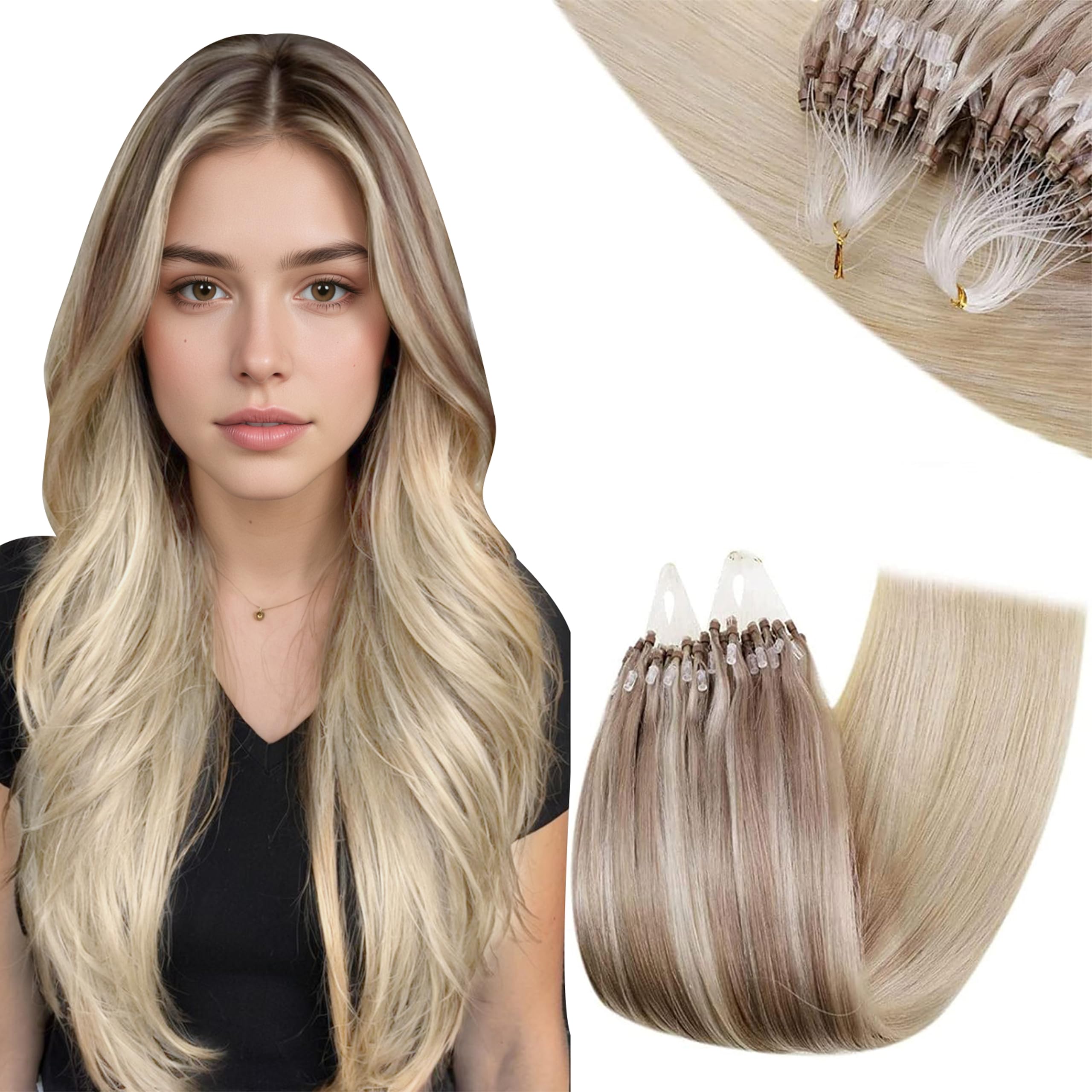 RUNATURE 18 Inch Nano Hair Extensions Real Human Hair Black Balayage Brown Nano Beads Hair Extensions Real Human Hair Ombre Blonde Invisible Straight Remy Nano Rings Hair 50g 50s #1b/4/27 — view 50