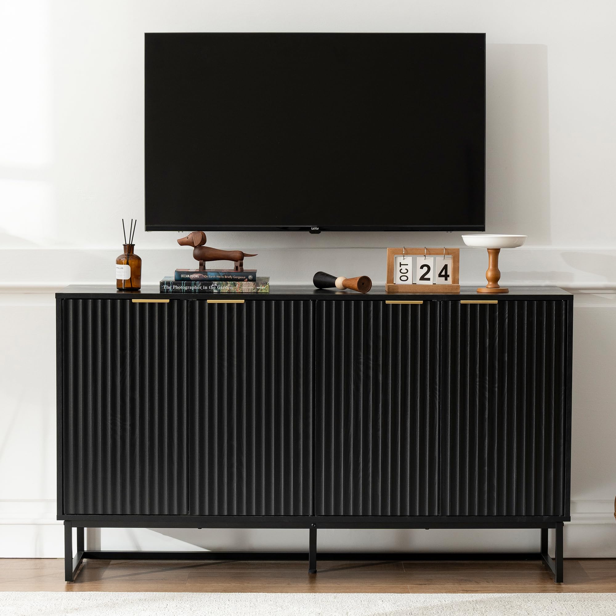 Fluted Storage Cabinet with 4 Doors, 55" Large Sideboard Buffet Cabinet with Adjustable Shelves Kitchen Wooden Credenza Coffee Bar Console Table for Dining Room Living Room, Black