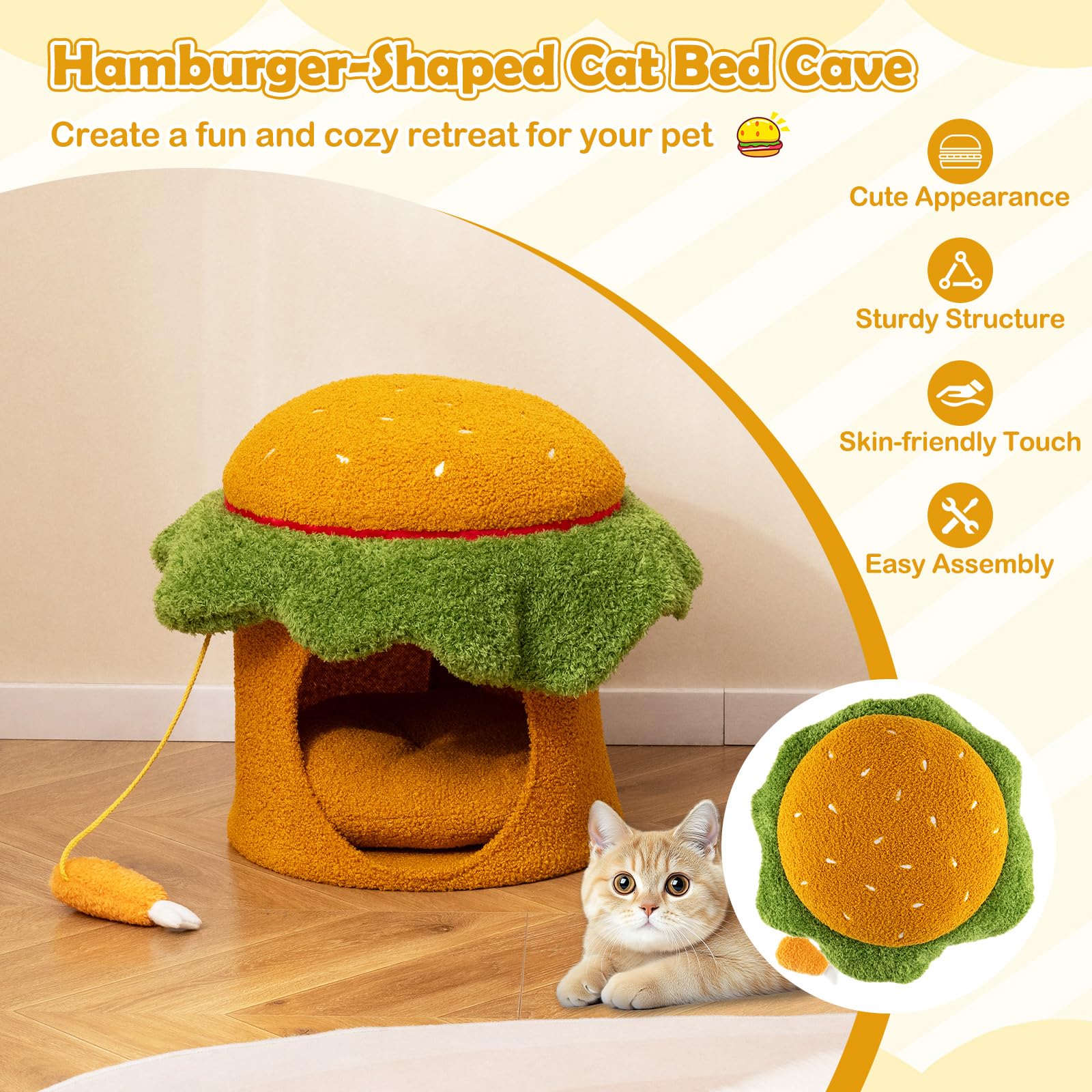 COSTWAY Cama para Gatos para Interior, Casa para Gatos en Forma de Hamburguesa con Percha Acolchada, Juguete Colgante de Peluche, Cojín Desmontable y Lavable, 37x37x41 cm, Cueva para Gato