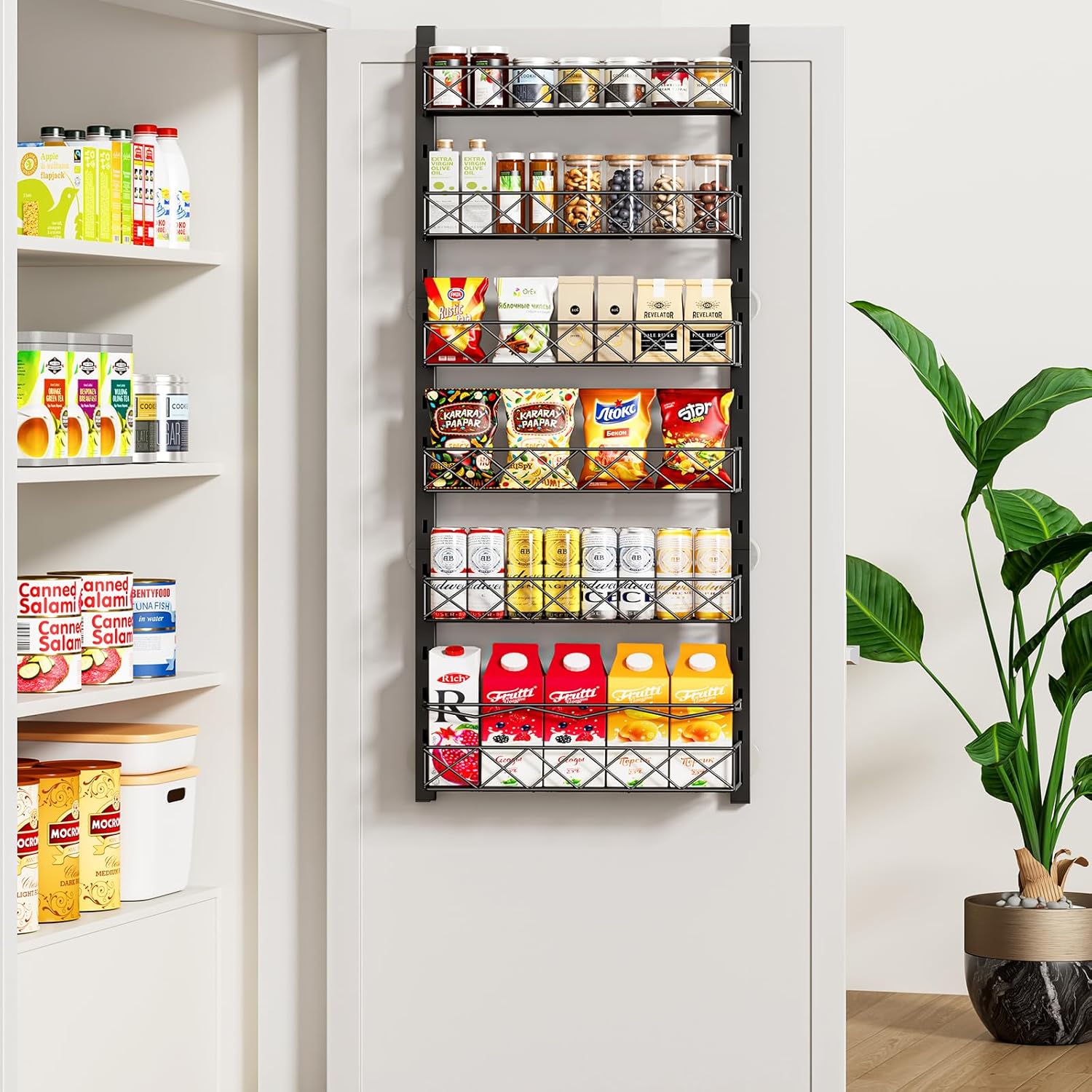 Over the Door Organizer, Black 6-Tier Pantry Door Organizer with Adjustable Basket, Hanging Spice Rack Cabinet Door Shelves, Laundry Room Organization and Storage 6-Tier Black