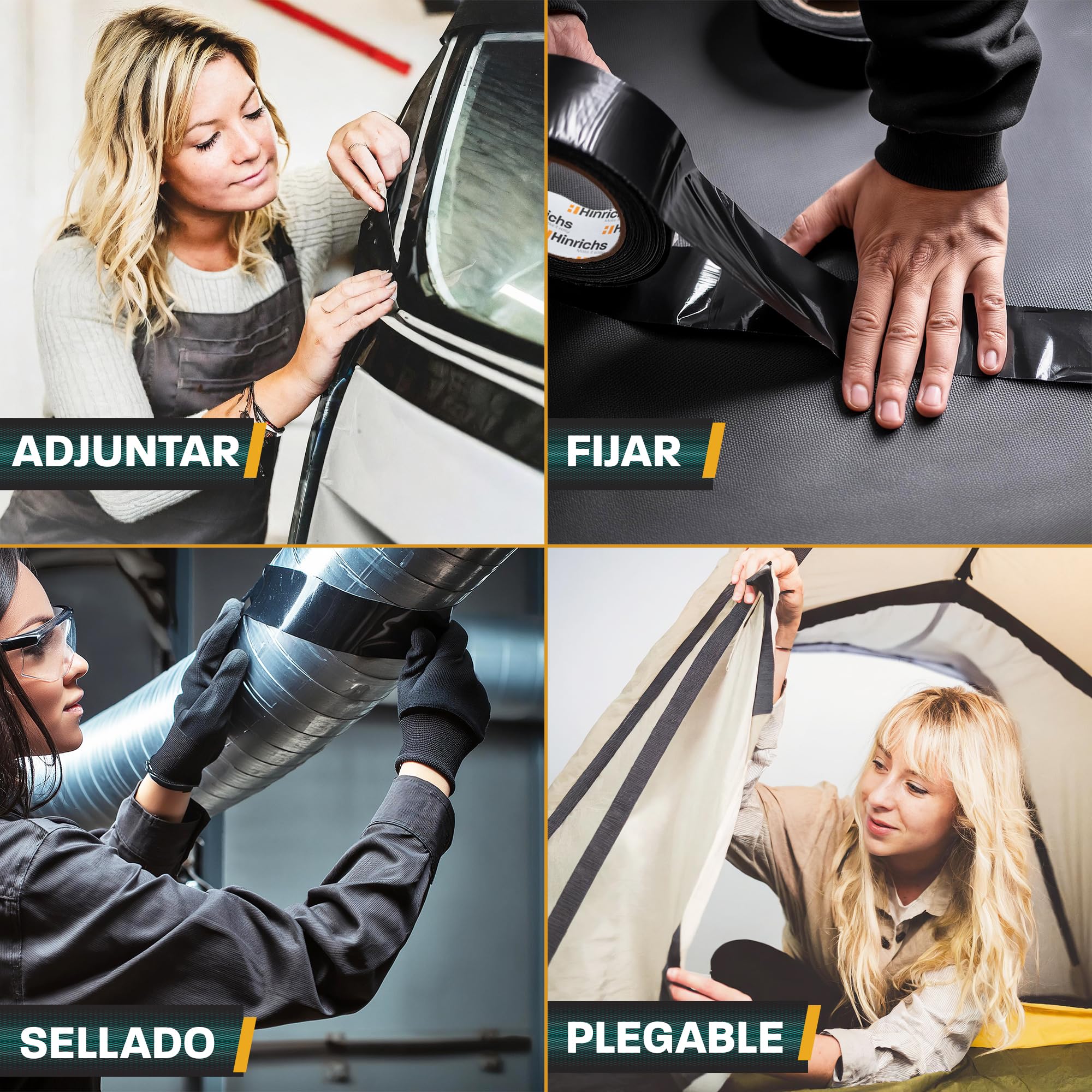 Hinrichs Cinta Americana Negra 4 Rollos 50m x 50mm – Cinta Adhesiva Impermeable y Extra Fuerte – Herramientas Lluvia y Reparaciones – Cinta Multiusos para Bricolaje, Embalajes y Uso Exterior Duradero