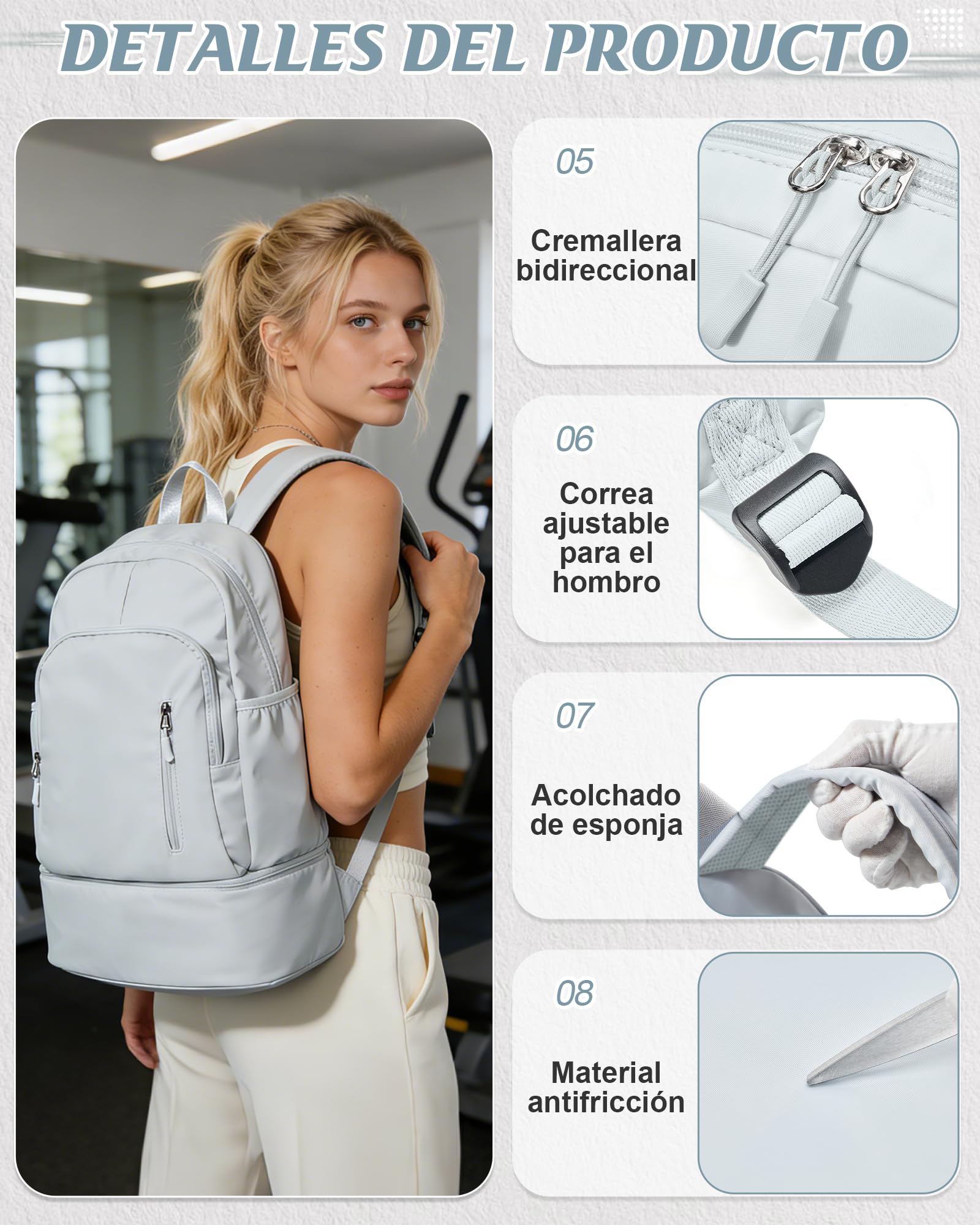 suradar Mochila Deporte Mujer, Mochila de Gimnasio para Mujer con Compartimento para Zapatos, Viaje, Deportiva Bolsa de Gimnasio Natación Yoga Azul Claro