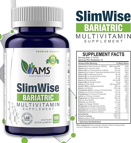 Miniatura 6 de America Medic and Science SlimWise Bariatric Multivitamin 180ct – Apoyo completo de bienestar con aminoácidos, vitaminas, minerales, beta alanina y