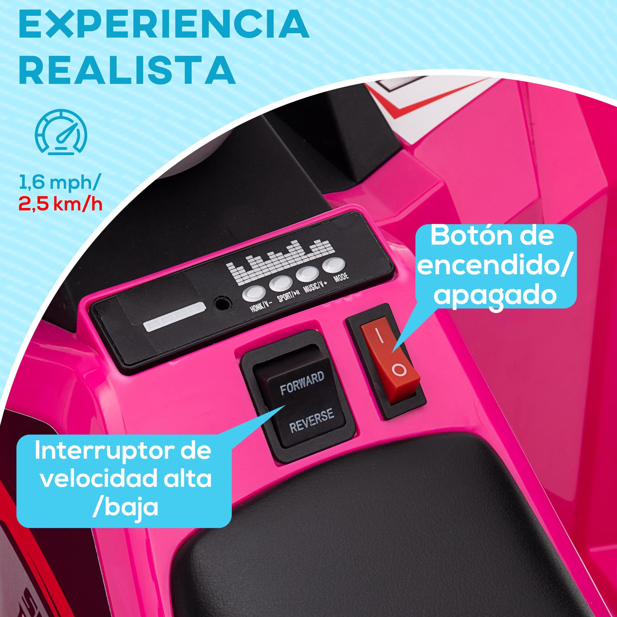 HOMCOM Quad Eléctrico para Niños 6V 18-36 Meses Avance y Retroceso 2,5 km/h Rosa