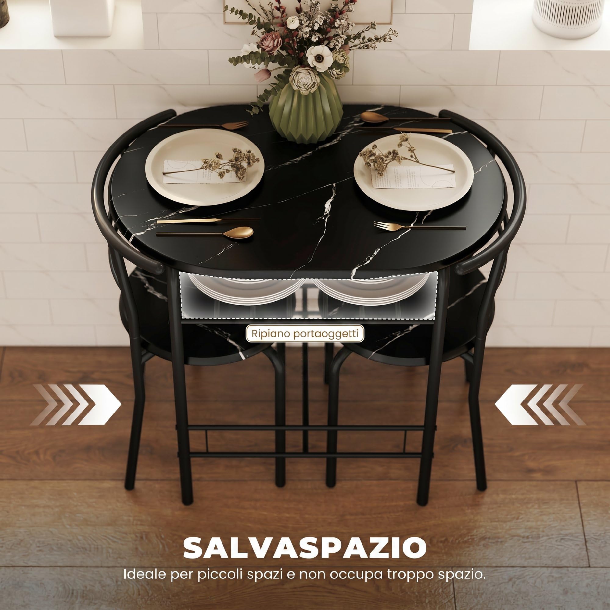 HOMCOM Set Tavolo Moderno con 2 Sedie per Sala da Pranzo Nero | Set 3 Pezzi, Mobili Salvaspazio da Cucina, Balcone, Ristorante o Bar