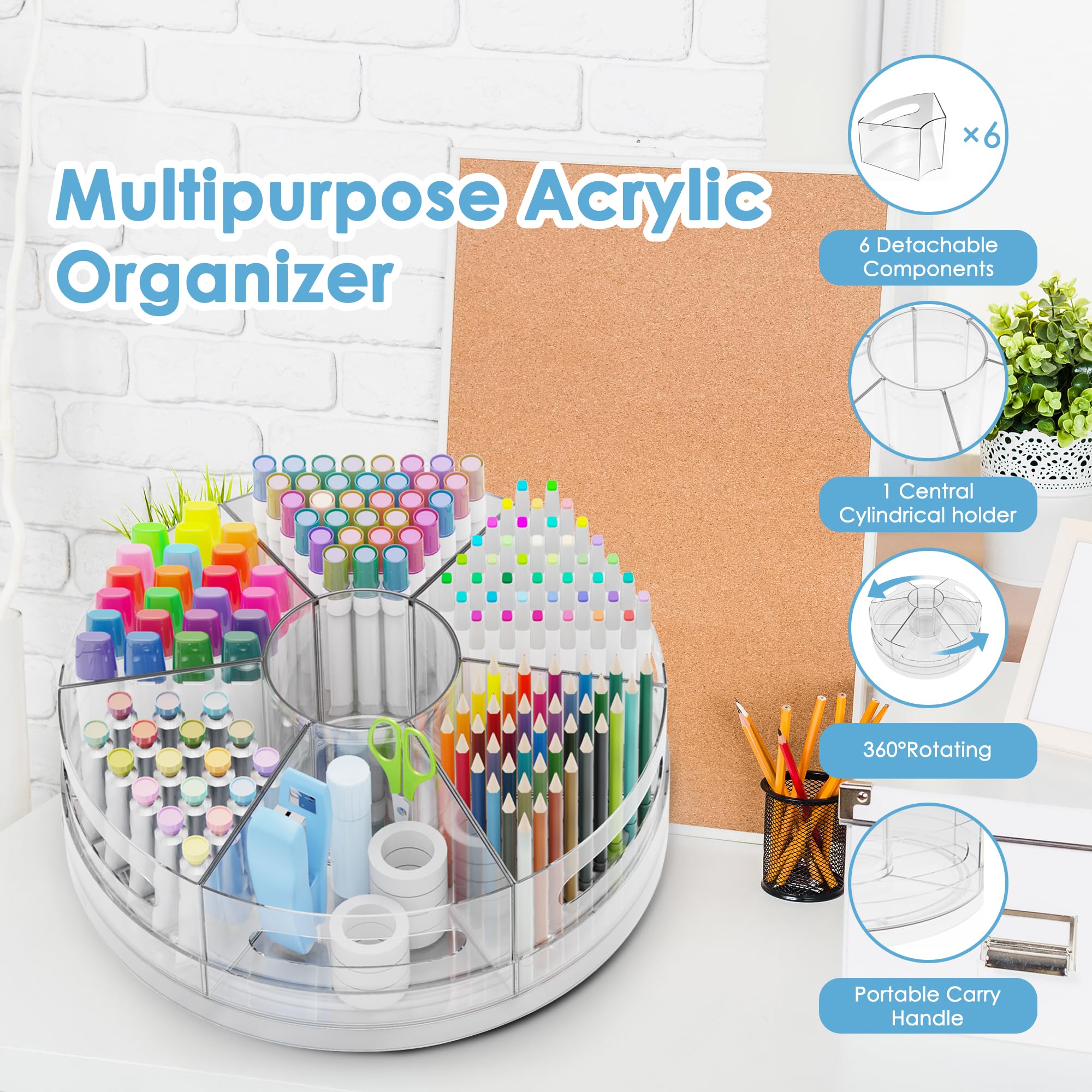 CraftGenes Stift-Organizer für den Schreibtisch – Acryl-Stifthalter mit Handgriffen, 360° extra großer drehbarer Schreibtisch-Organizer mit 7 herausnehmbaren Fächern für Büro, Zuhause und