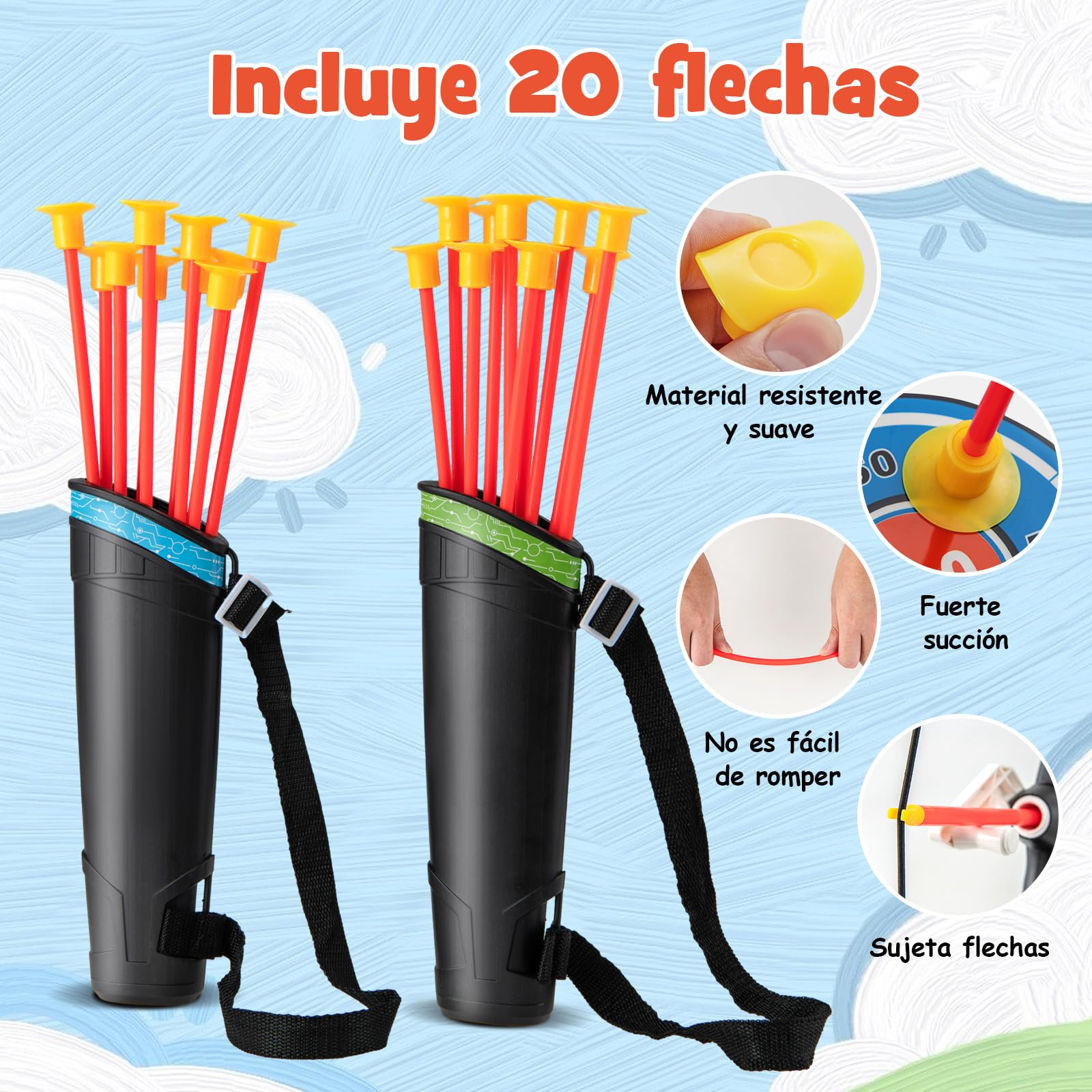 COSTWAY Juego de 2 Arcos y Flechas de Juguetes para Niños, Set de Juguetes de Tiro con Arco con 20 Flechas de Ventosa, Objetivo de Pie o Colgante, Portaflechas para Juegos para Niños de 3+ Años