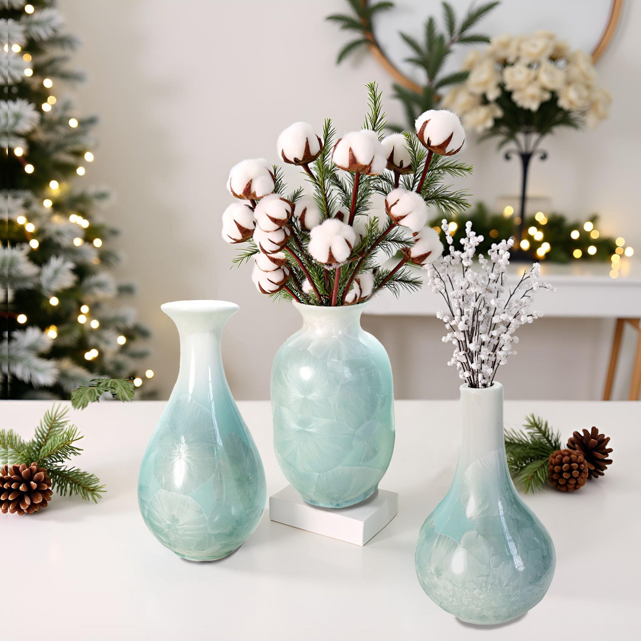 Artisoul® Jarron decorativos Juego de 3 jarron ceramica pequeños diseño estético jarrón para cocinas de flores dormitorios oficinas salas de estar baños y centros de mesas decoracion hogar, azul verde