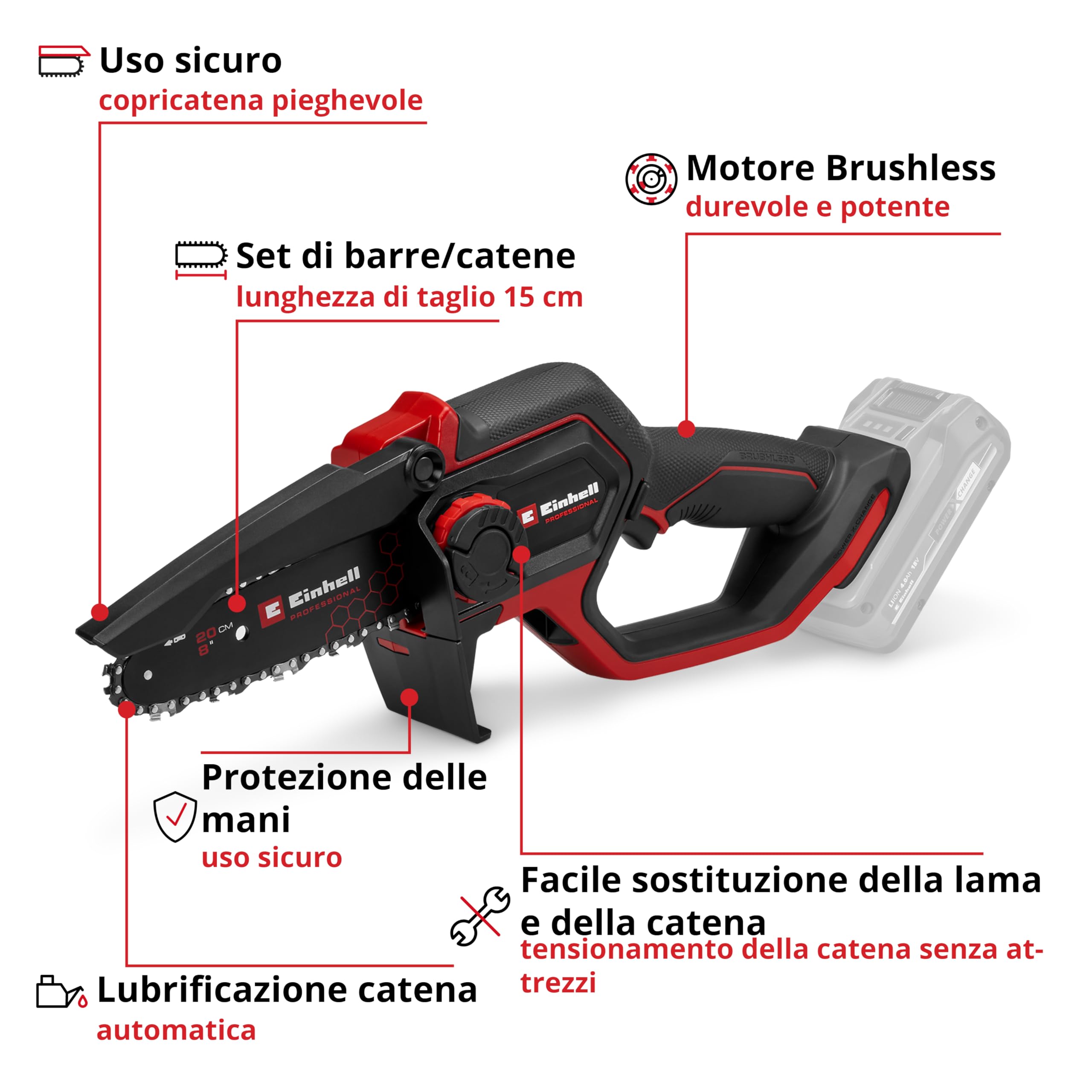 Sega a batteria Einhell Professional GP-PS 18/20 Li T BL-Solo Power X-Change (18 V, lunghezza di taglio 15 cm, Brushless, velocità catena 8 m/s, lubrificazione autom. della catena, senza batteria)