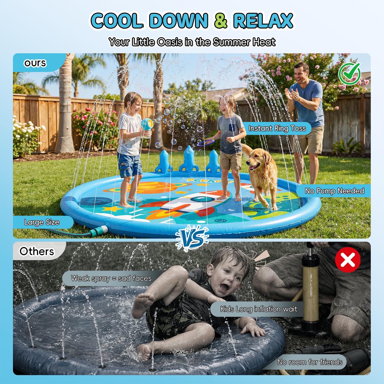 Peradix Alfombra de juego con aspersores de cohetes y juego de lanzamiento de anillos para niños – Alfombra de juegos de agua con 6 gusanos (3 rojos, 3 azules) para exteriores, antideslizante, para