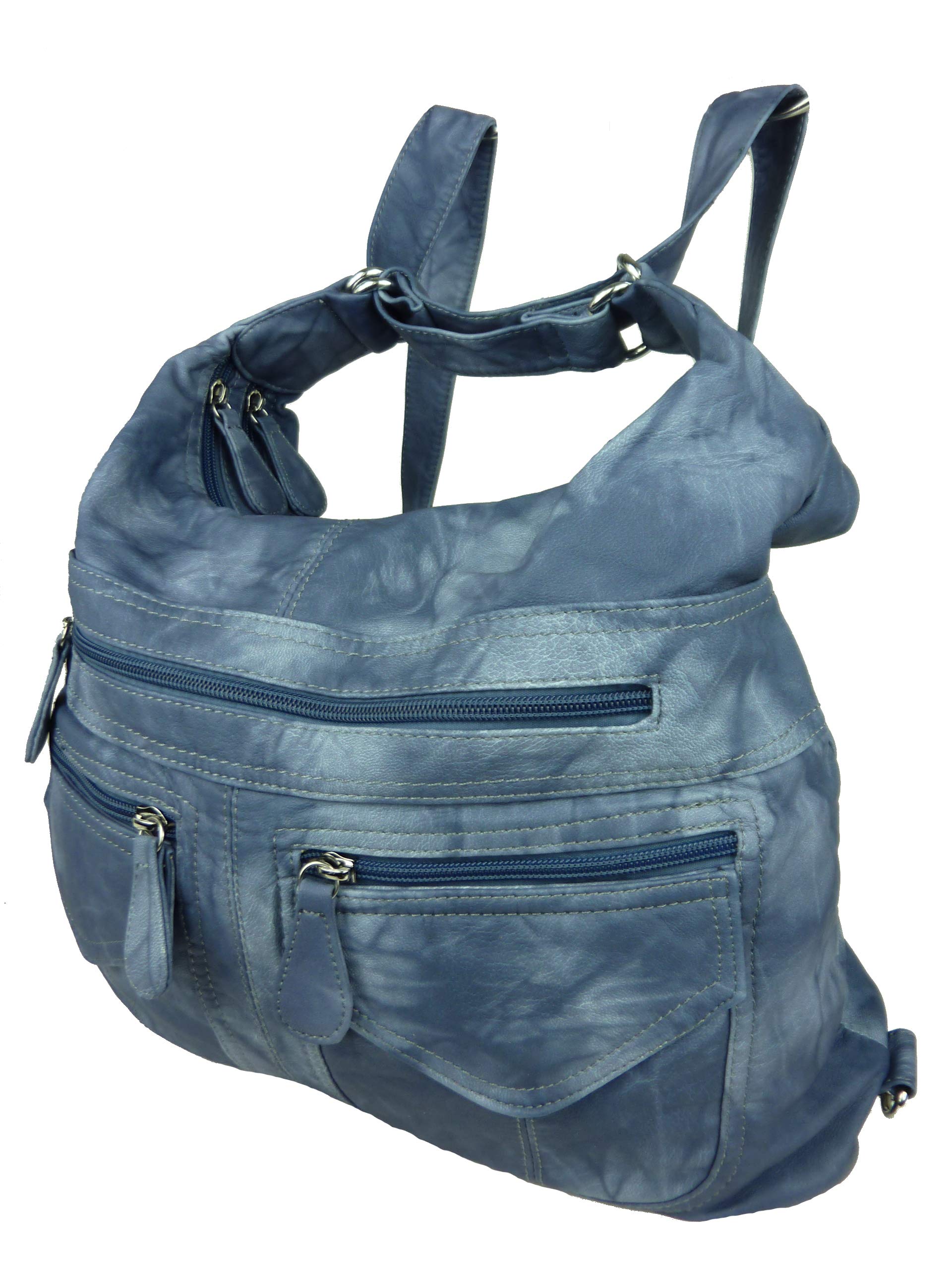 Rucksacktasche I 2in1 Damen Rucksack und Handtasche in Einem I Schultertasche einfarbig uni und batik I Damen-Tasche sportlich & leger (jeansblau blau)