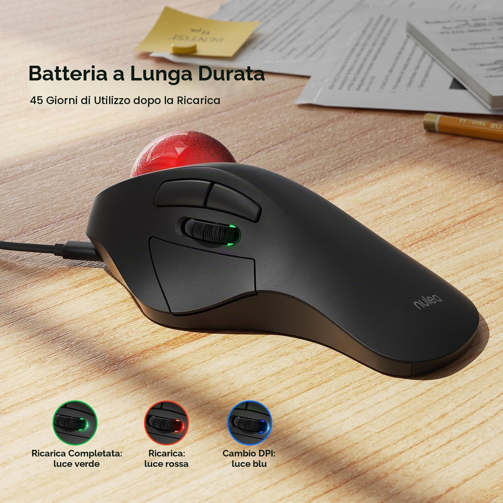 Nulea Mouse Trackball senza fili, mouse ergonomico ricaricabile, tracciamento preciso e fluido, connessione a 3 dispositivi (Bluetooth o USB), compatibile con PC, laptop, Mac, Windows
