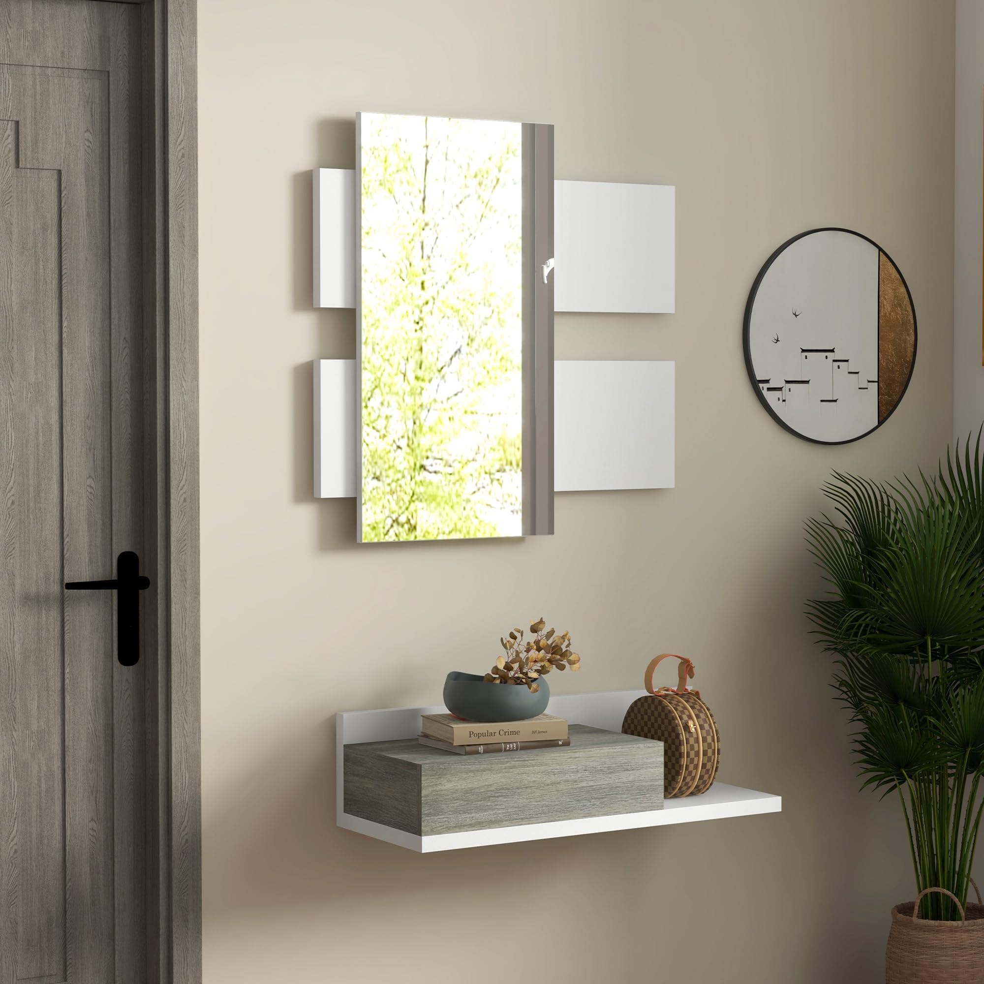 HOMCOM Mobile da Ingresso 2 in 1 con Specchio da Parete 75x3.5x75 cm e Cassetto 75x30.5x20 cm, Set da Ingresso in MDF e Vetro, Grigio e Bianco