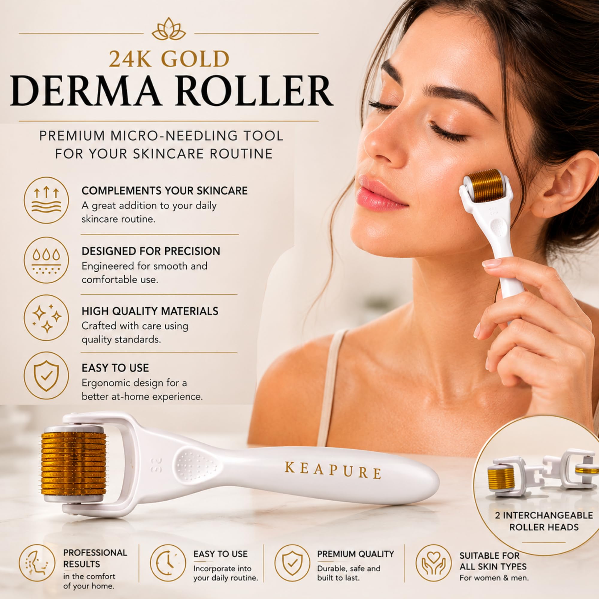 Derma Roller Kit for Face, Body, Stretch Marks - Skin Care Kit 540 Microneedle Roller Heads 180-Eyes, 600-Face,1200-Body | 30gm Moisturizing Cream and 25% Vitamin C Serum | Microneedling Roller Set