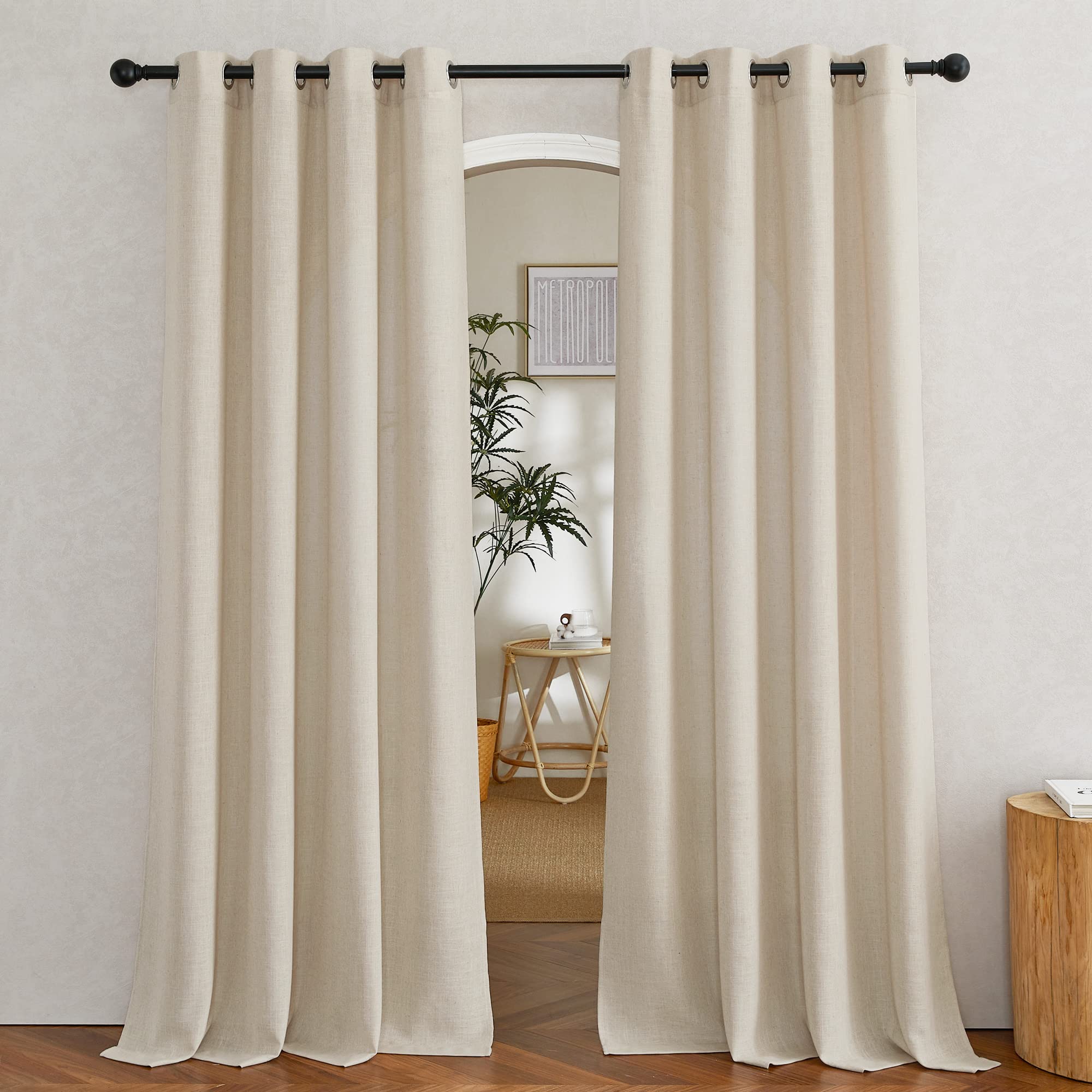NICETOWN Cream Beige Linen Curtains & Drapes 84 inches Long, Grommet Flax Linen Burlap Semi Sheer with Light Filtering Privacy Window Treatments for