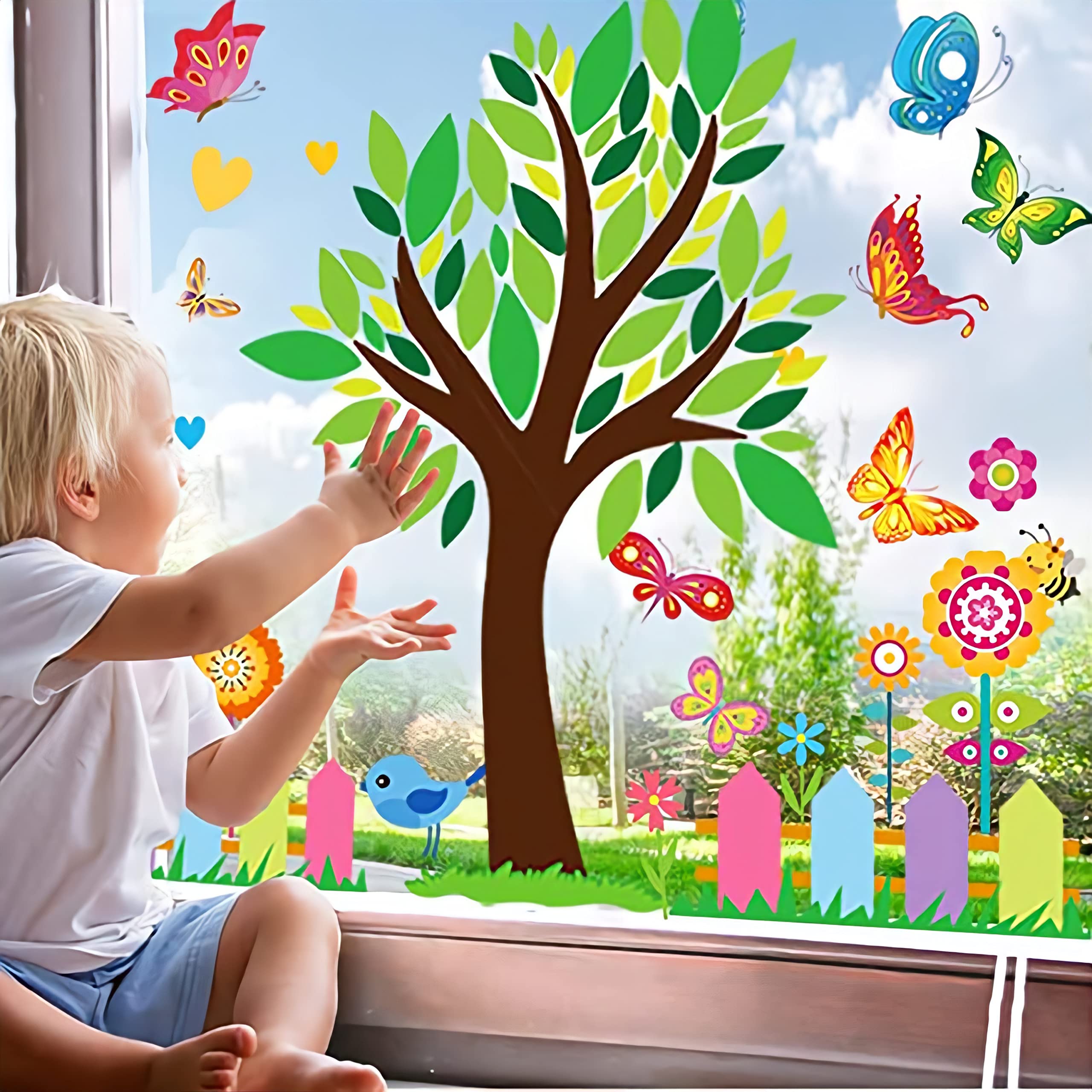 9 fogli di immagini per finestre primaverili con fiori e farfalle, autoadesivi pasquali per vetro, cameretta dei bambini, bagno (A