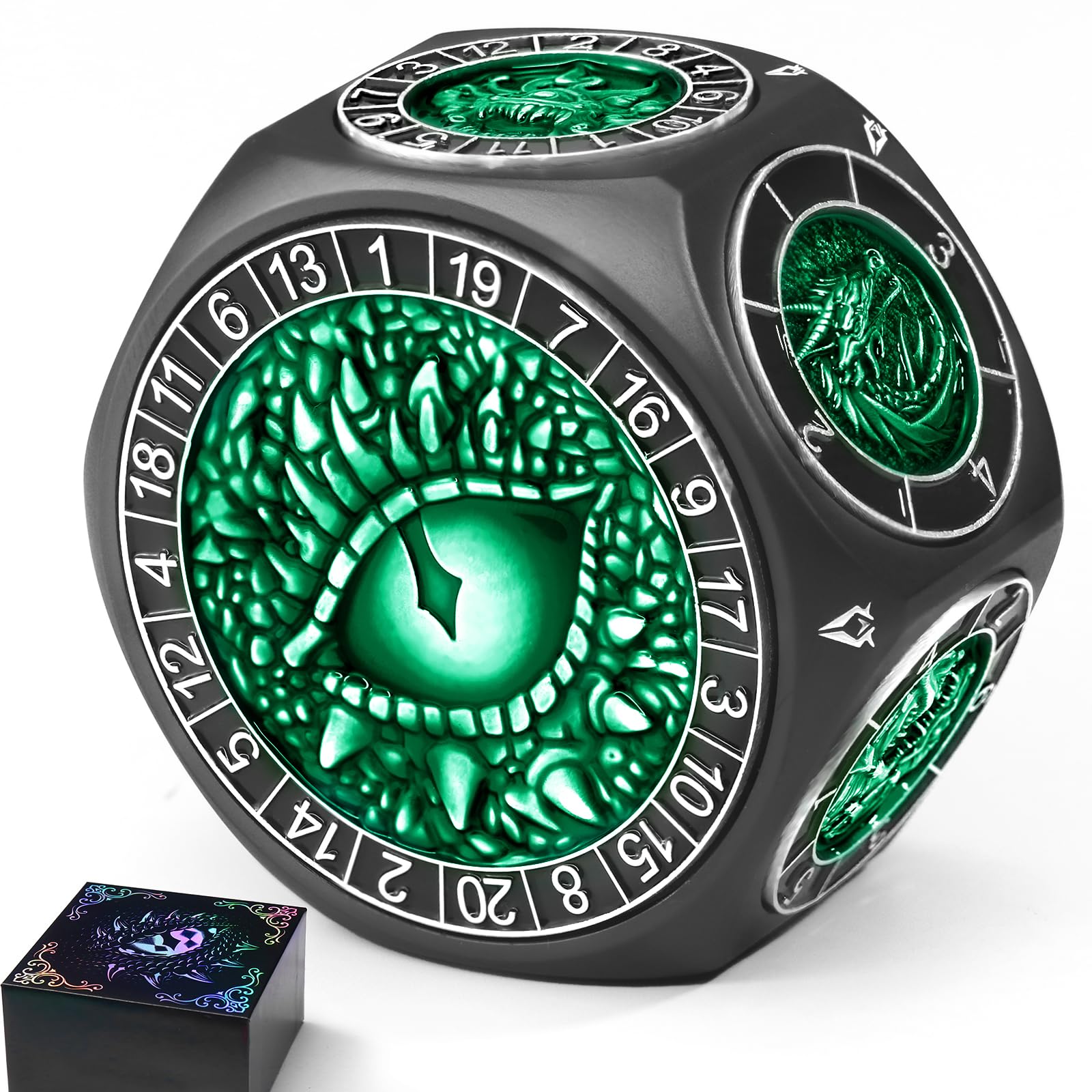 ZHOORQI 8-in-1 DND Dice Set – Metal Spinner Dice with Dual D20, 3D Monster Engravings & Smooth Spinning – Perfect for TTRPG, D and D Dungeons and Dragons Gifts(Black Green)