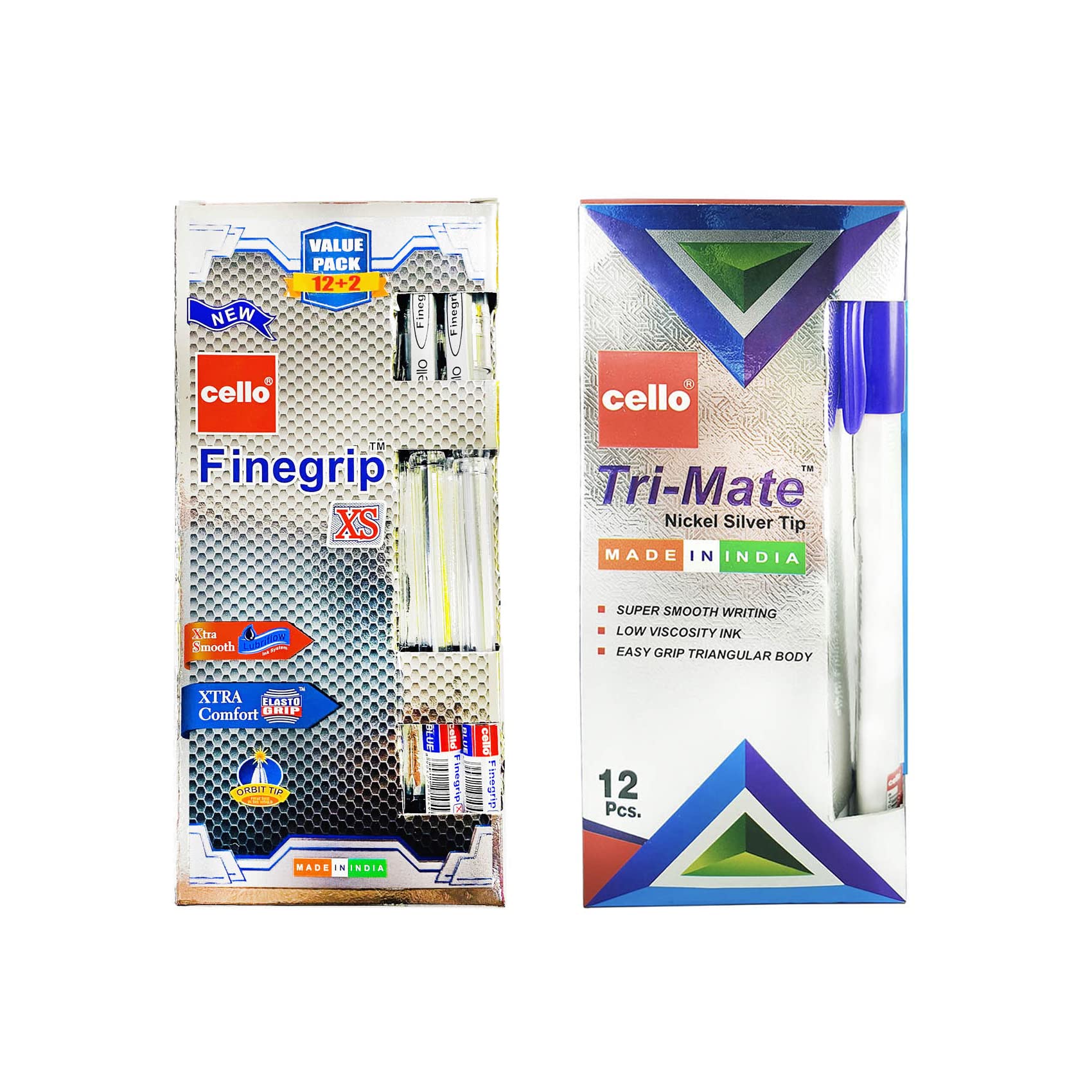 Tri-Mate Ballpen 12Pcs Blue + Cello Finegripxs 14Pcs Blue, Smooth pressure-free writing