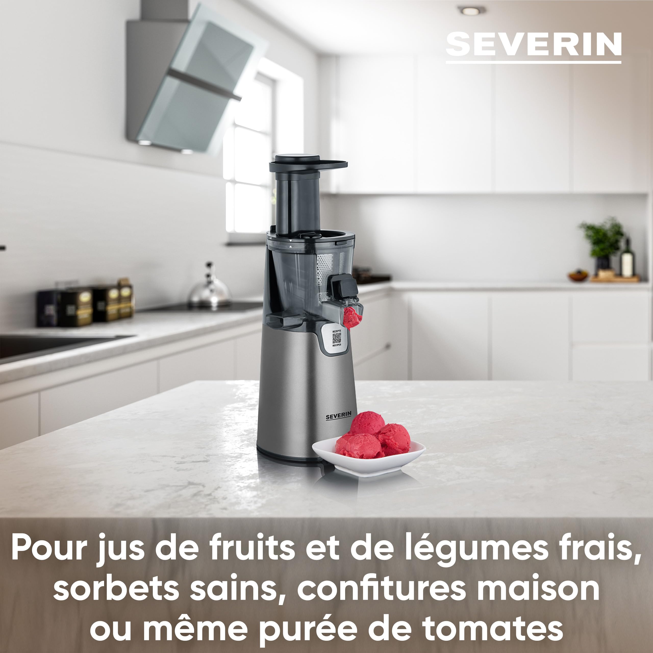 SEVERIN Slow Juicer - Centrifugeuse pour jus, sorbets, glaces, confitures et autres, presse-agrumes électrique en acier inoxydable, nettoyage facile, bac de récupération de 1L, 150 Watt, ES 3571