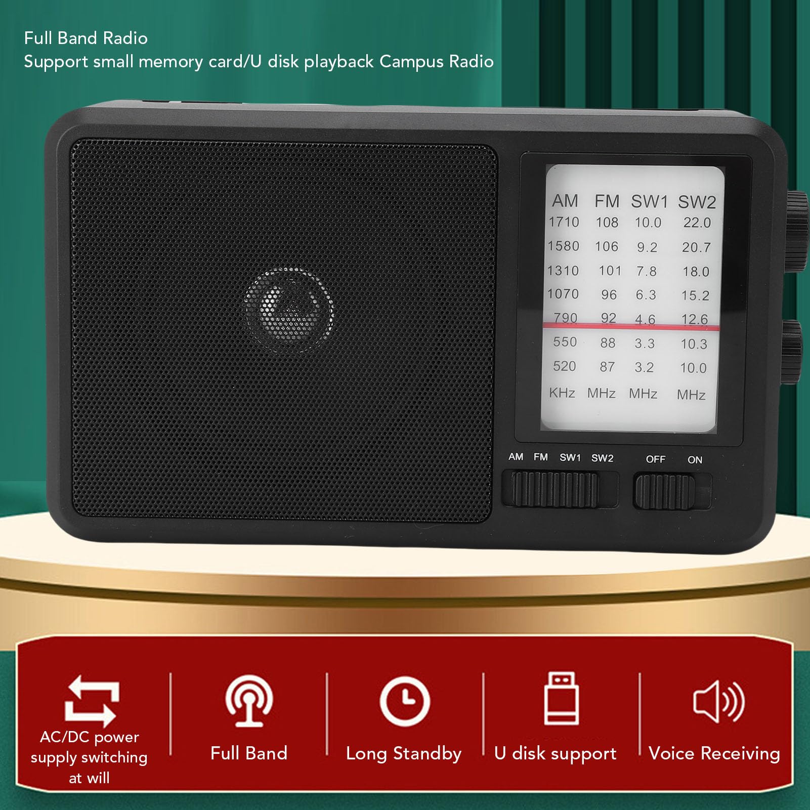 Diyeeni Przenośne Radio AM FM SW Radio z 4-calowym Głośnikiem Wielozakresowe AM FM SW1 SW2 Odbiór na Baterie lub Zasilanie Sieciowe do Użytku na Zewnątrz Domu dla Seniorów (Wtyczka UE 220 V)