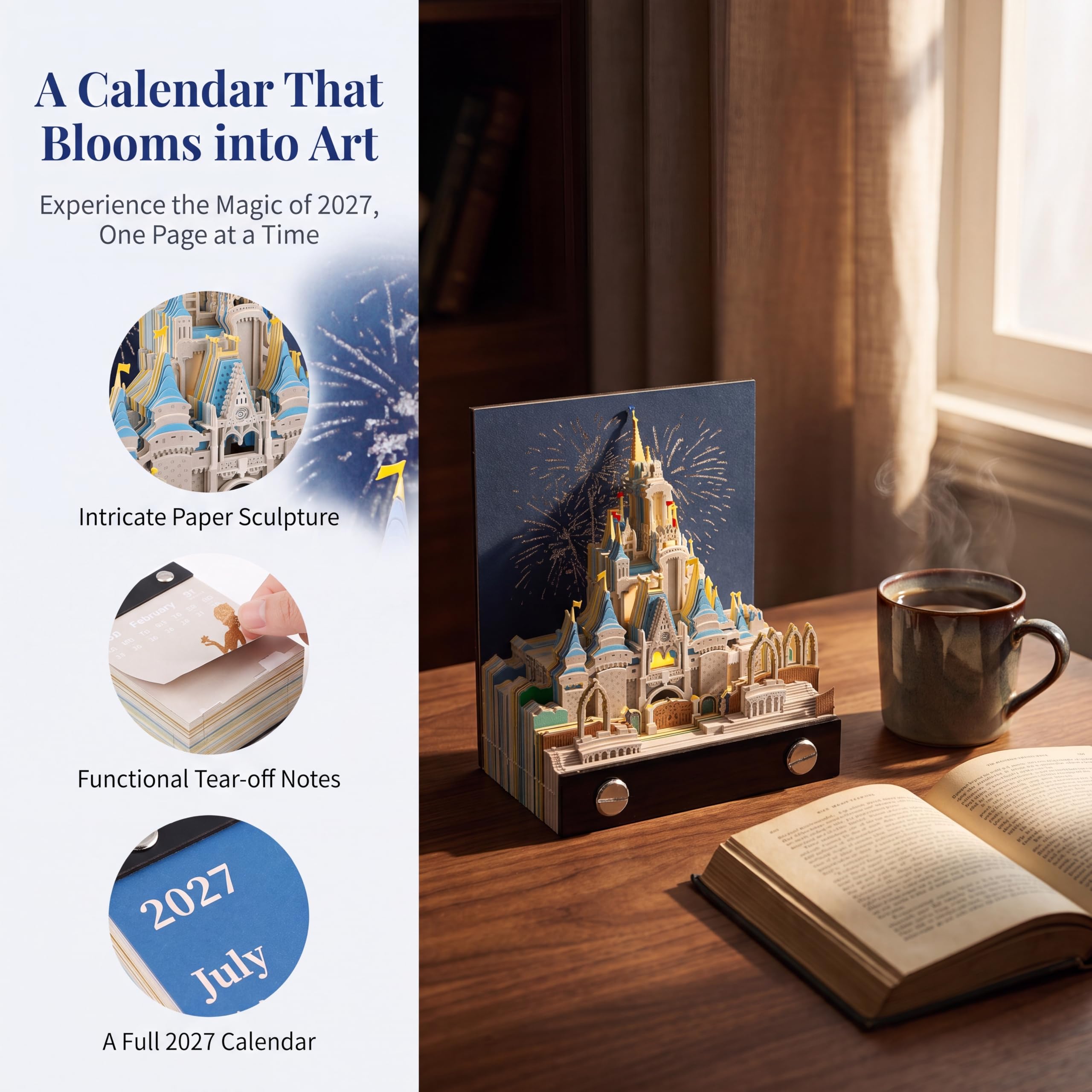 2027 3D Tear Off Calendario de Mesa Castle, 3D Castle Creative Notas de Bricolaje, Bloc Notas 3D con Luz, Calendario Semanal 3D Bloc Notas, Escultura de Papel Creativa