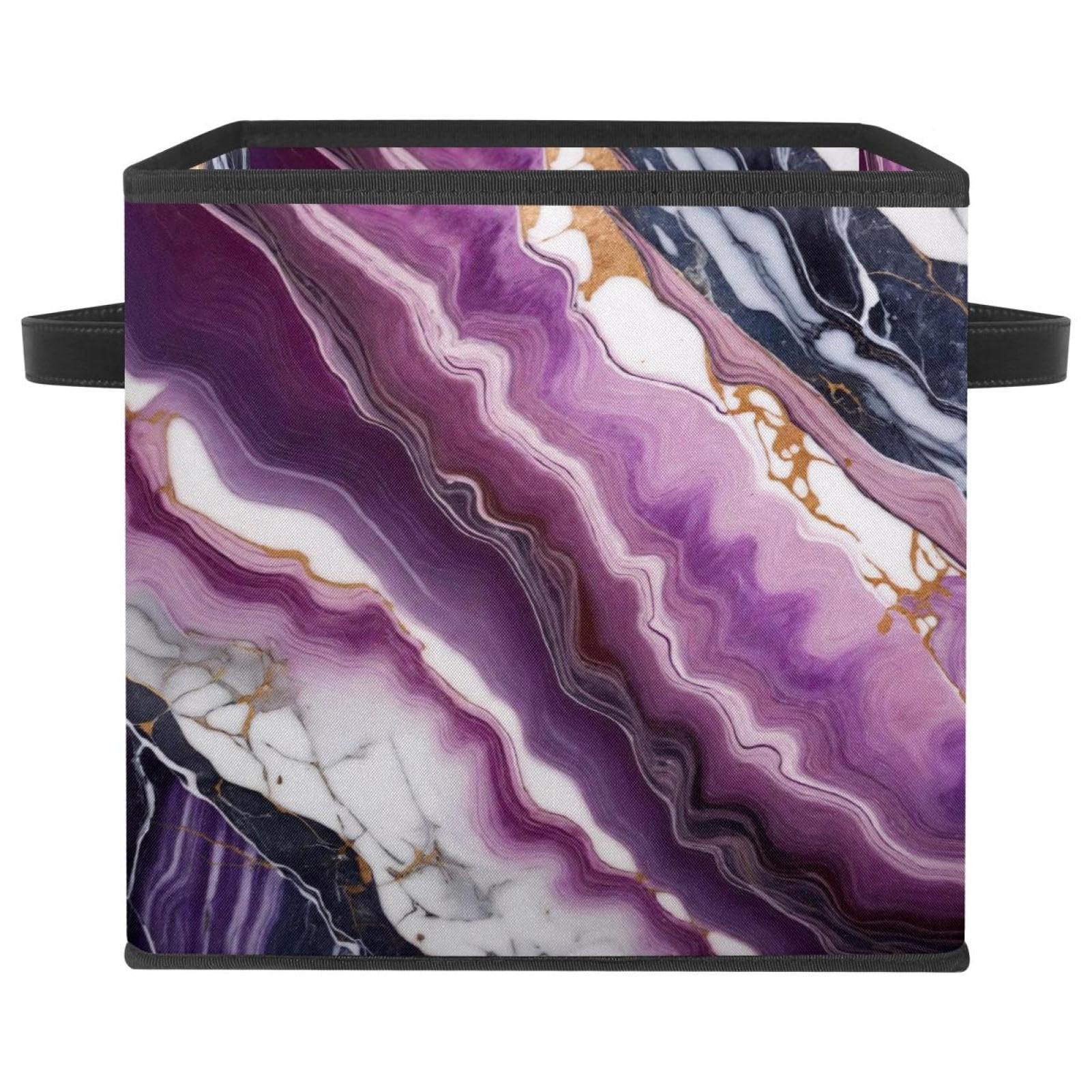 Panier de rangement cube marbre violet grand bac organiseur étagère boîte tissu poignée cuir