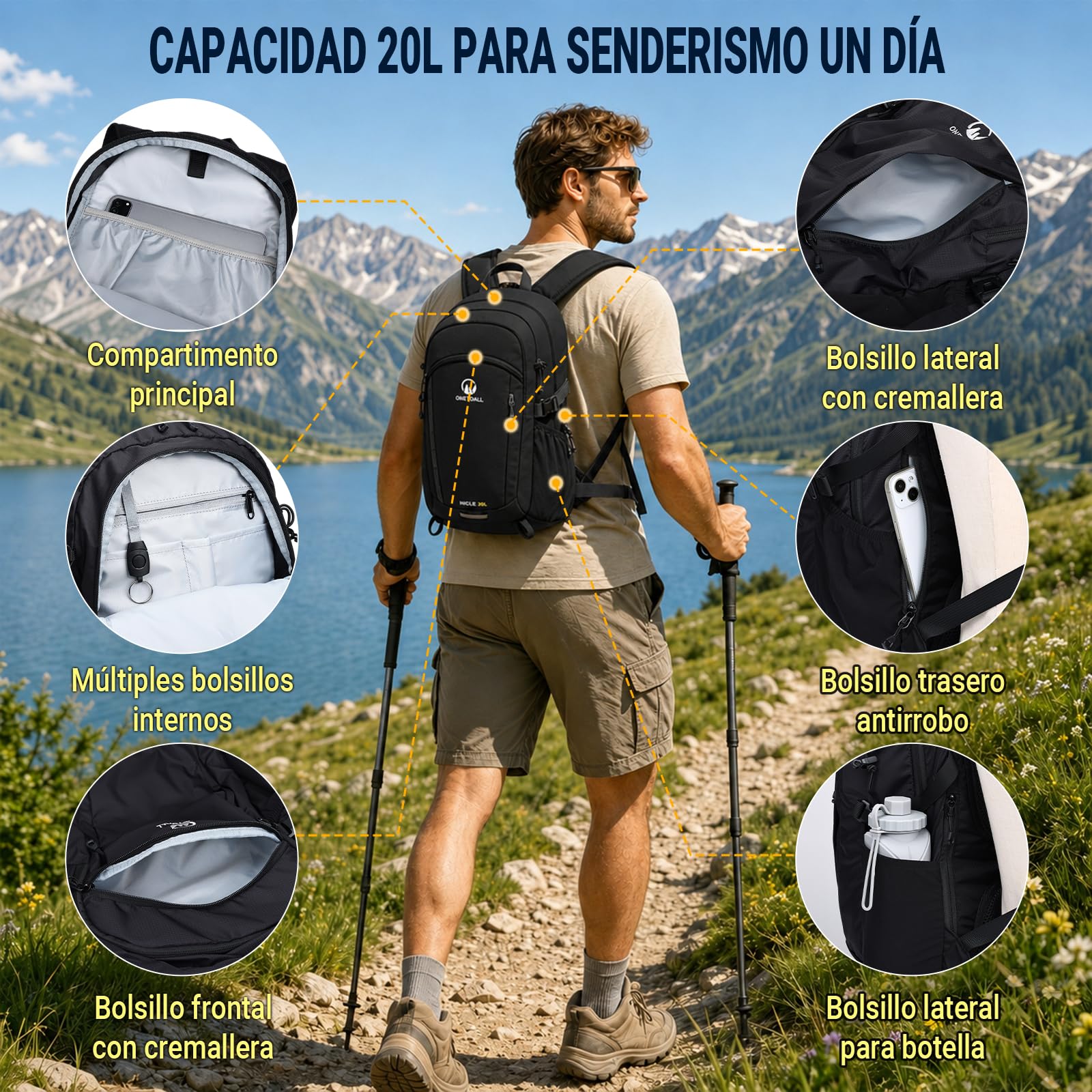 Mochila Senderismo 20L, Mochila Trekking 20 litros, Mochilas Montaña Impermeable Transpirable Hombre Mujer para Excursión|Esqui|Ski|Ciclismo|Viajes|Trayectos Diarios, Ultraligera Solo 510g