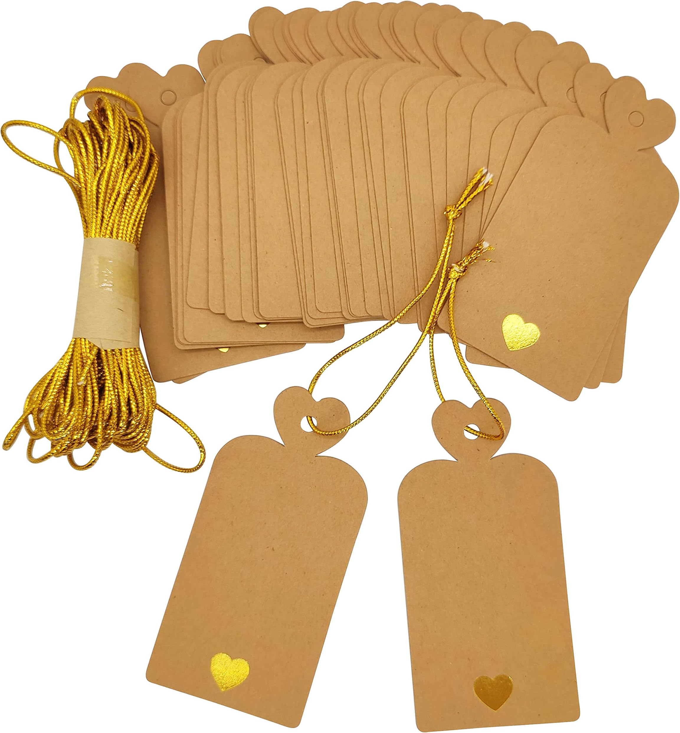 Parxara Brown Gift Tags with String Gold Heart Sparkle Shining 10x5cm Paper Kraft Tags 36pcs for Mother's Day Wedding Baby Shower Valentines Birthday Christmas (Brown)