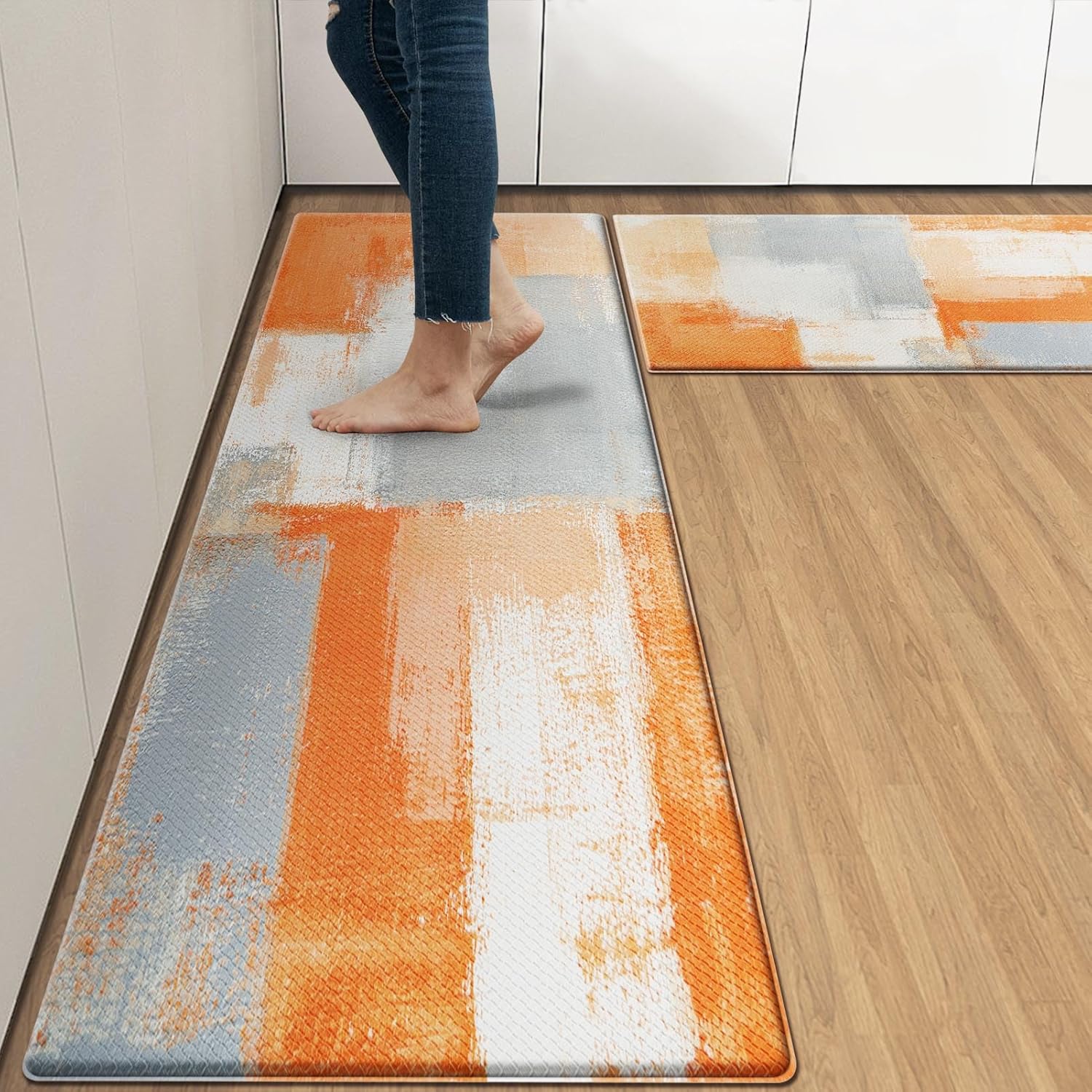 AntiFatigue Kitchen Rug Set of 2 Orange Grey Abstract Cushioned Kitchen Floor Mat