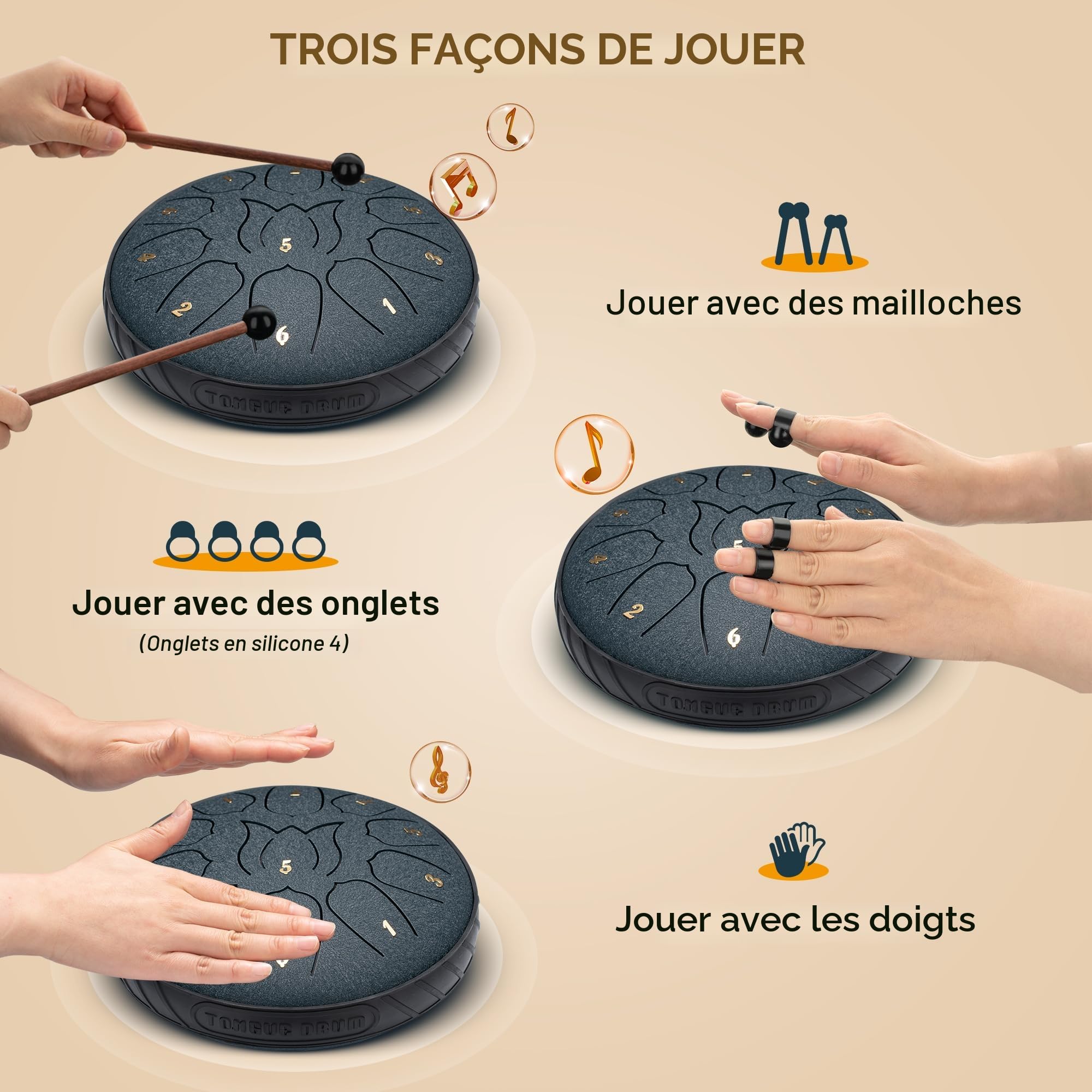 CAHAYA Tambour à langue en acier 6 pouces 11 tons : instrument de percussion en acier pour enfants livré avec livre de musique baguettes touche et sac tambour à main pour méditation yoga, bleu marine