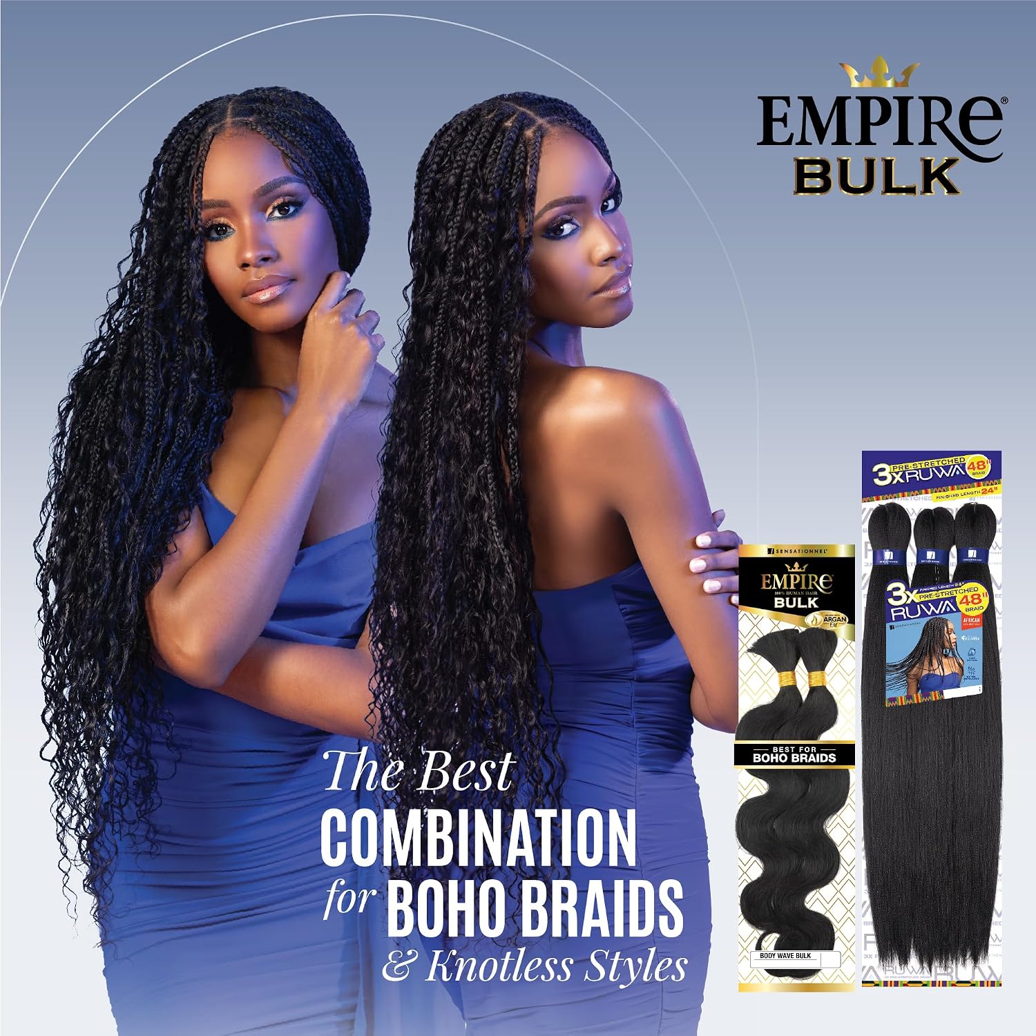 Sensationnel Empire Bulk Braiding – Body Wave Human Hair Braids for Knotless Boho Box or Curly Loose Wave Styles (14 inch, 1 JETBLACK)
