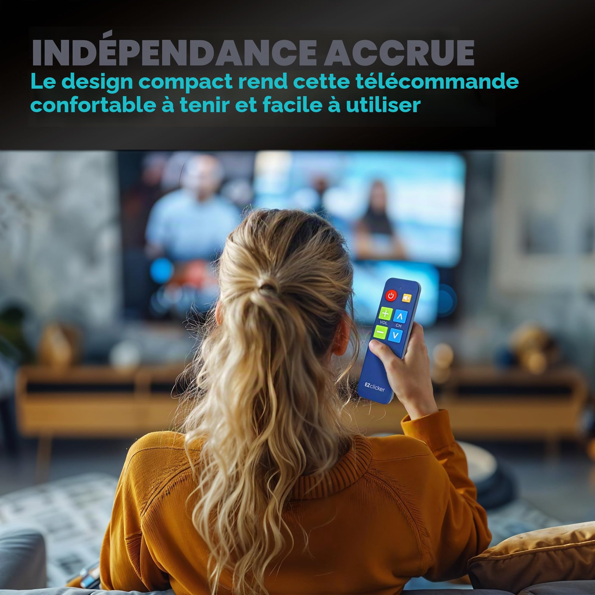 EZclicker Plus Télécommande TV pour Personnes âgées Télécommande Extra Simple à Gros Bouton Mute, Fonctionne avec Les Grandes Marques de télévision (2 Piles AAA Non incluses) (Bleu)